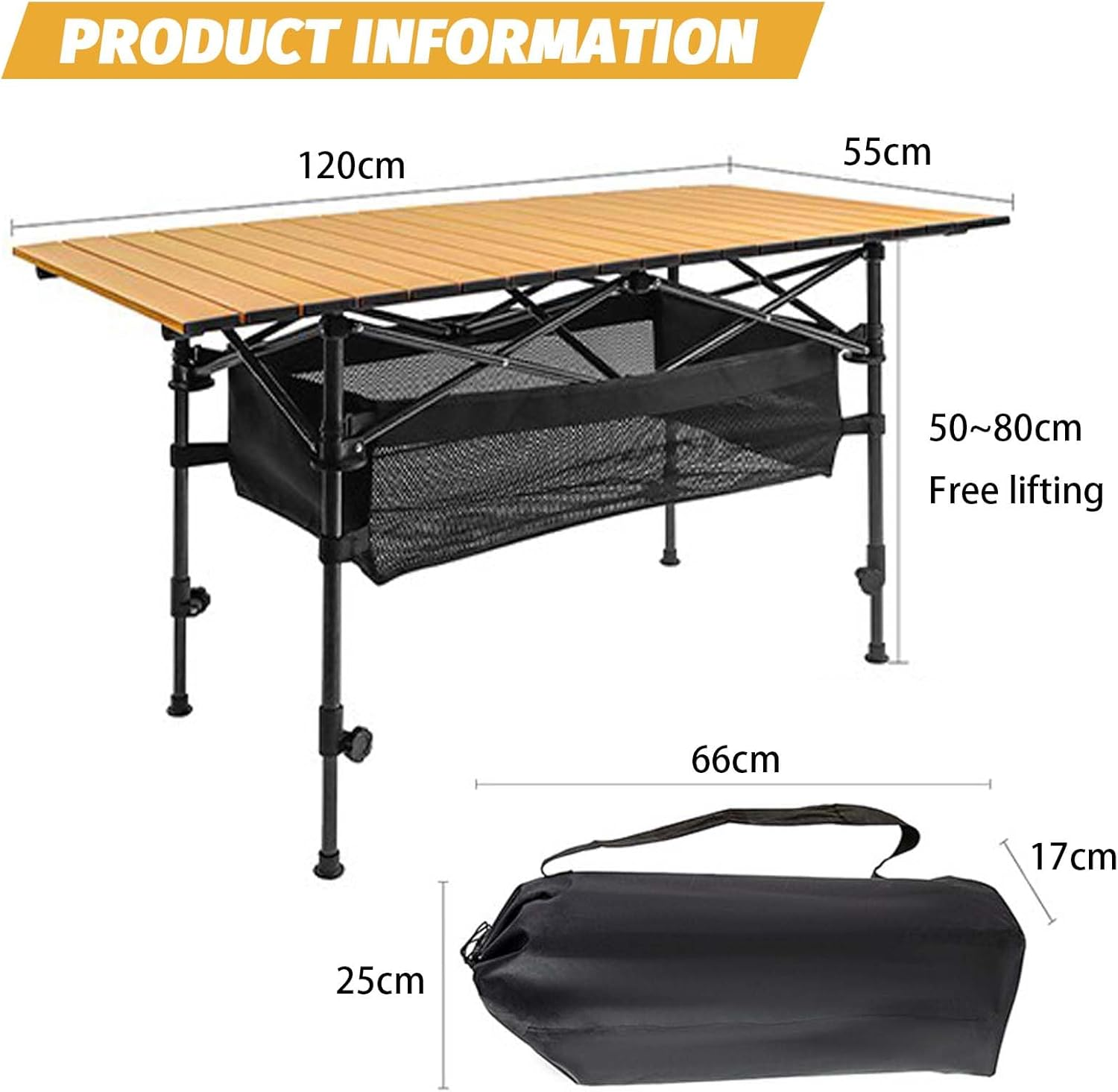 Eqiech Folding Camping Table,Portable Picnic Table,Adjustable Height,Outdoor Egg Roll Table with Storage Basket,Carbon Steel Material,Lightweight,For Hiking,Fishing,Camp,Beach（120 * 55 * 80Cm） image number 3