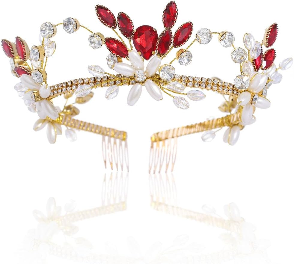 IYOU Princess Tiara Crown Red Rhinestone Crowns Pearl Jewellery Hair Accessories Birthday Party Christmas Headpiece for Women and Girls image number 2