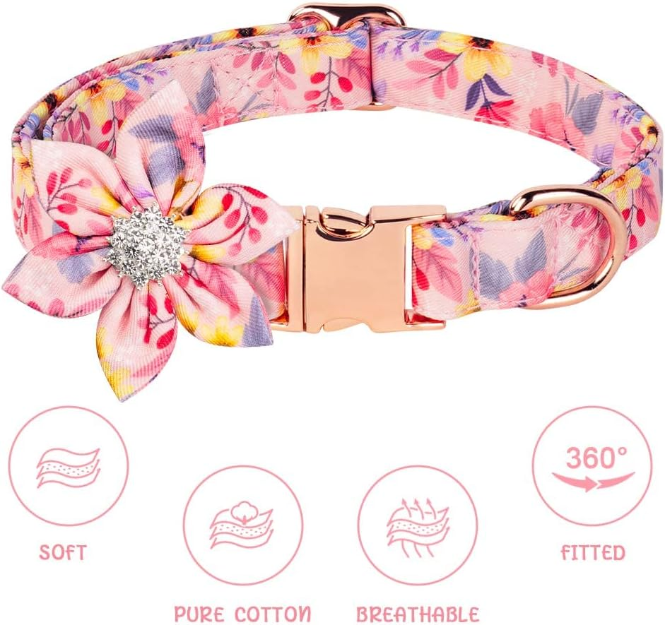 AUAUY Dog Collar and Leash Sets, Flower Girl Floral Pattern Engraved Pet Collars with Adjustable Strong Gold Buckle Collars with Beautiful Bowtie and Little Bell for Small Medium Large Dogs(Pink L)