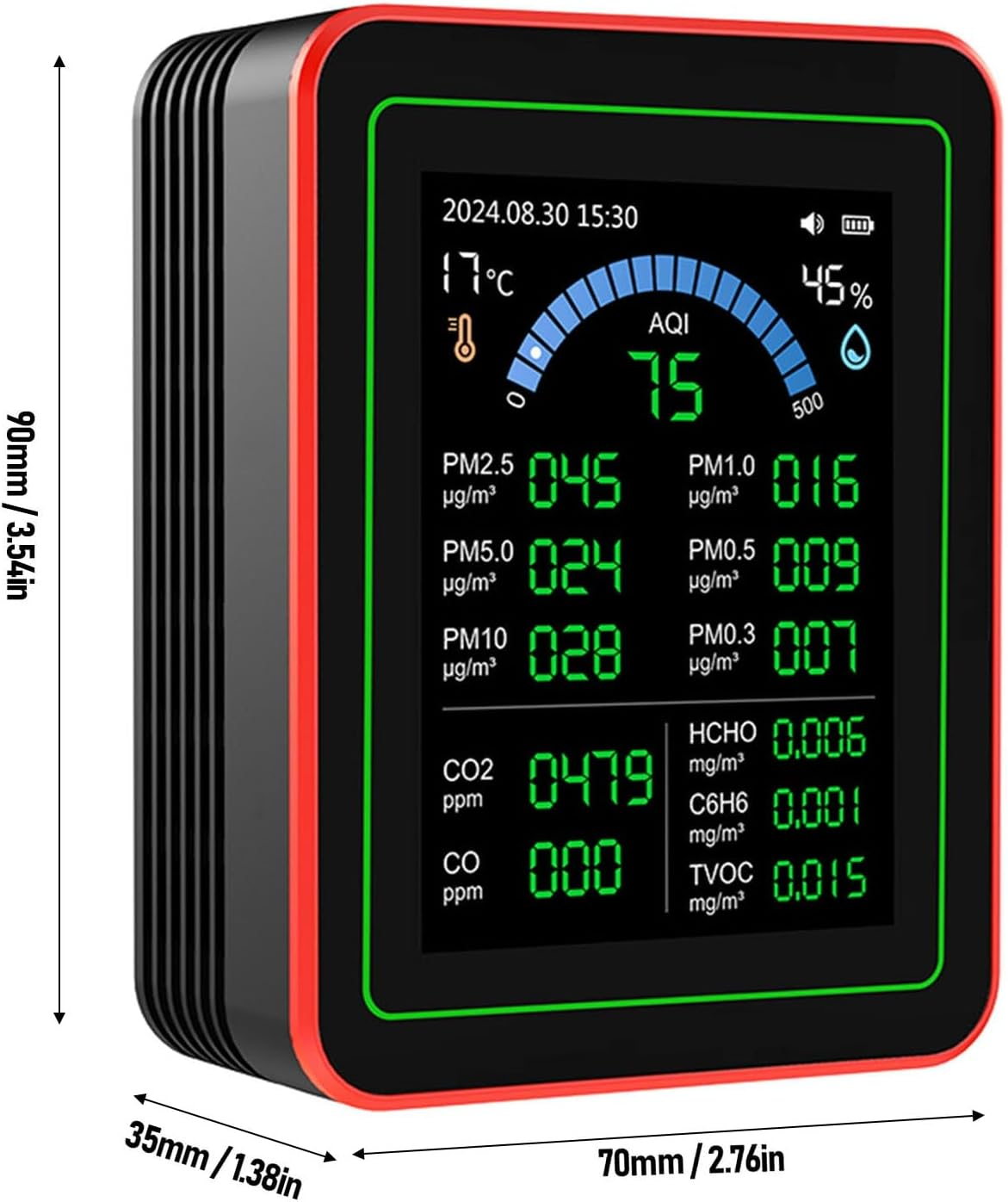 Air Quality Tester, CO2 TVOC HCHO PM2.5 Temp Humidity Detect, Indoor Data Storage Black, Data Curve Display, Runs up to 7 Hours​ image number 3