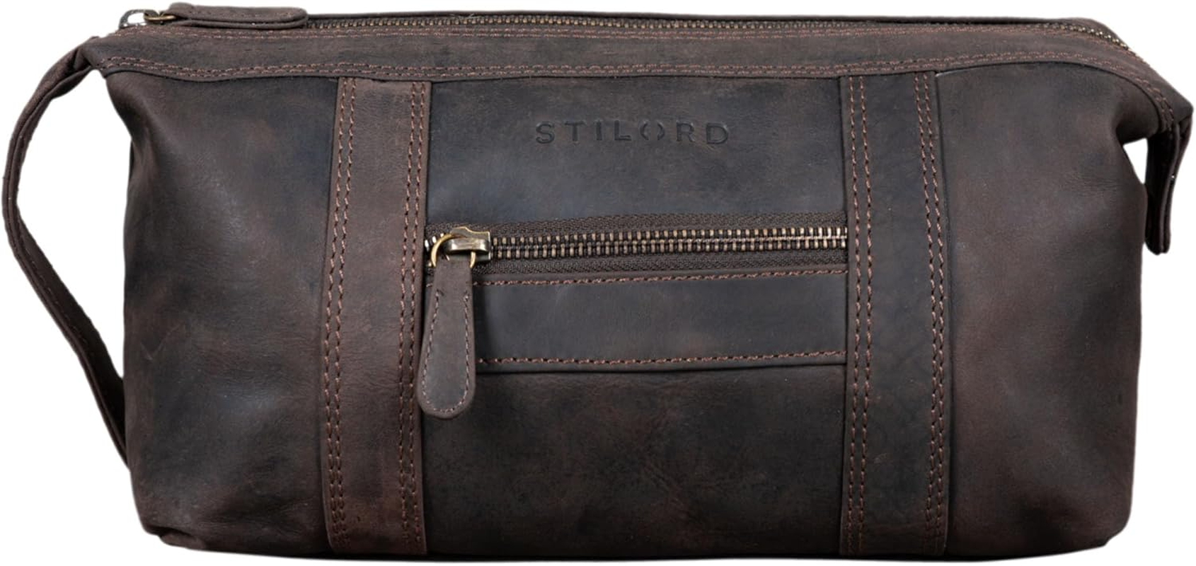 STILORD 'Bruno' Leather Toiletry Bag Vintage for Men Women Large Toiletry Bag Two Compartments Wash Bag with Handle for Travel - Dark - Brown image number 4