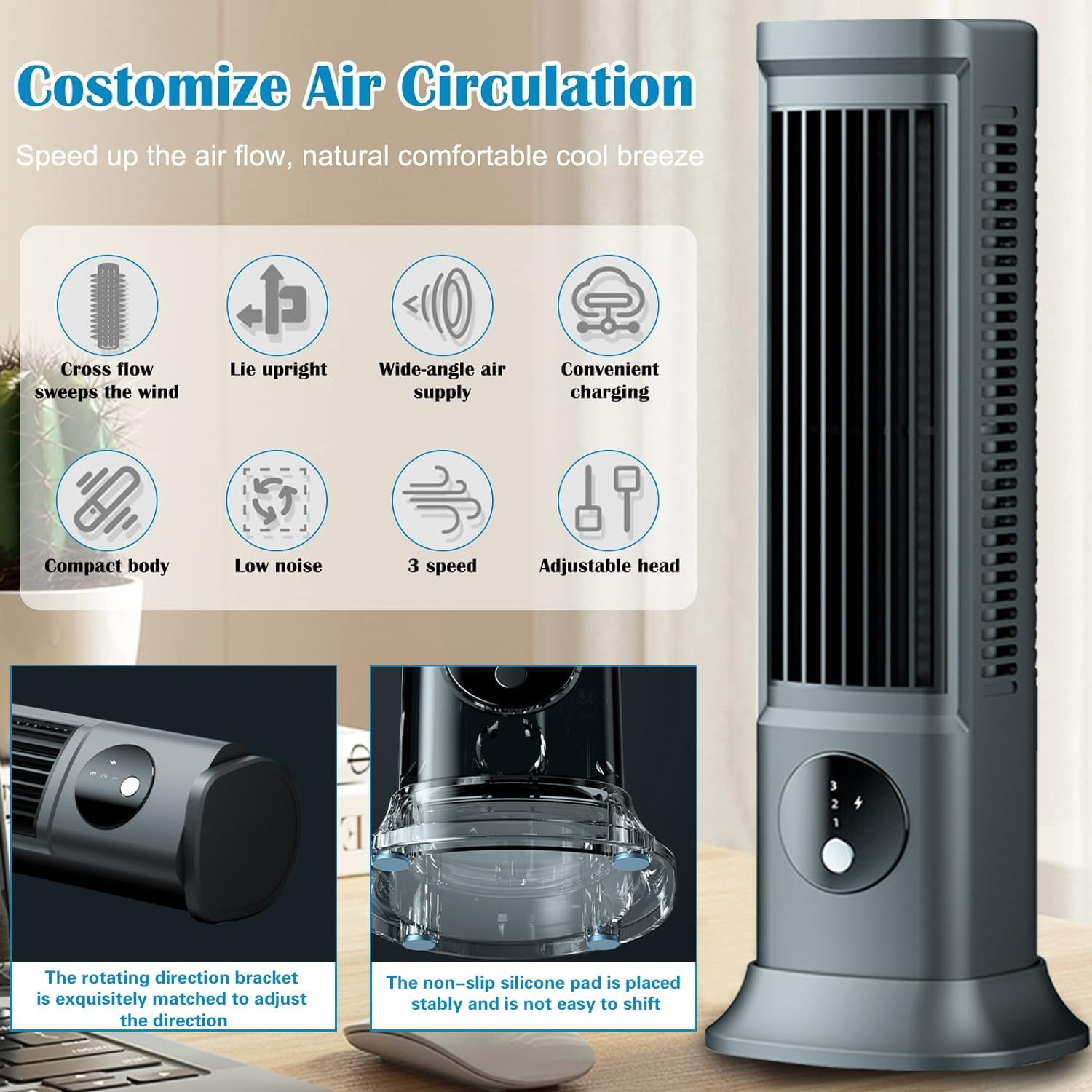 Tower Fan, Bladeless Fan Can Stand or Lie Down, Standing Fan USB-C Rechargeable, Three-Speed Wind, Portable Tower Fan for Indoor Home Room Bedroom Office Use image number 4