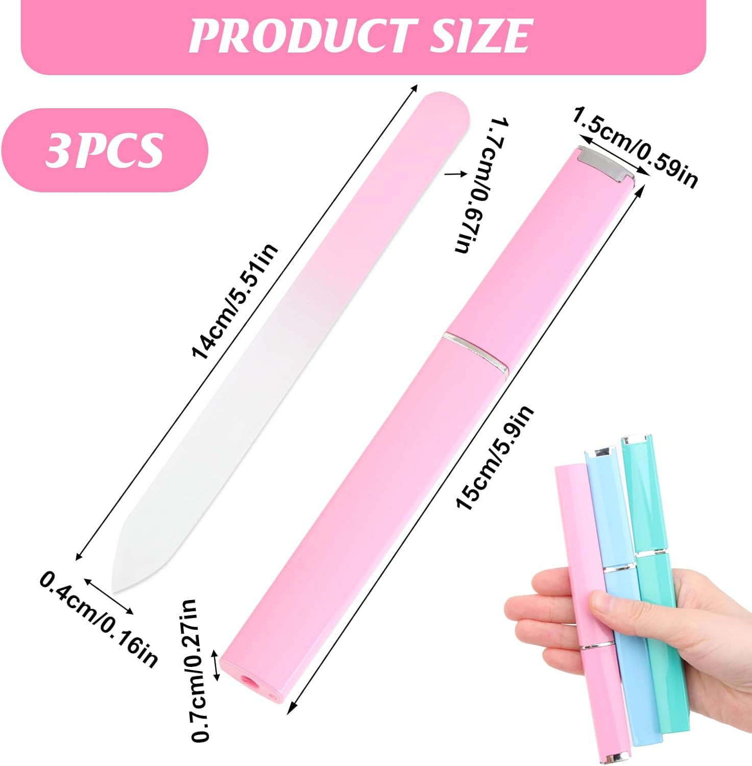 3 Pcs Glass Nail Files Set with Protective Case, Reusable Etched Nail Filer & Buffer for Natural, Acrylic & Gel Nails, Travel Friendly Manicure Kit for Women & Adults, Unique Gift (Pink, Blue, Green) image number 6