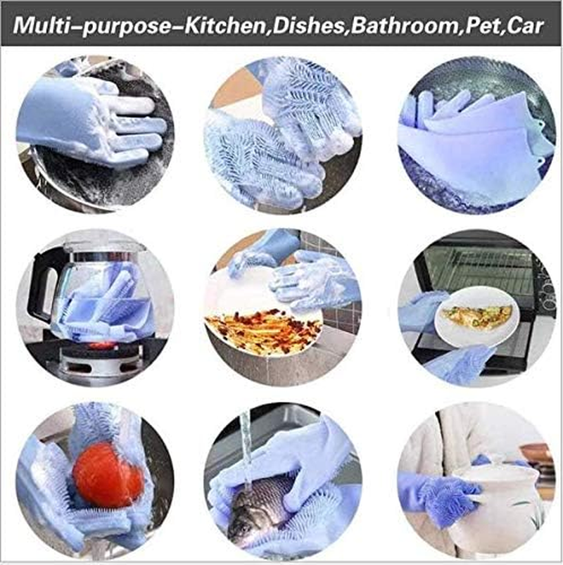 Silicone Dishwashing Gloves, Rubber Scrubbing Gloves, Sponge Cleaning Brush for Dishes Housework, Kitchen, Cars - Blue image number 5