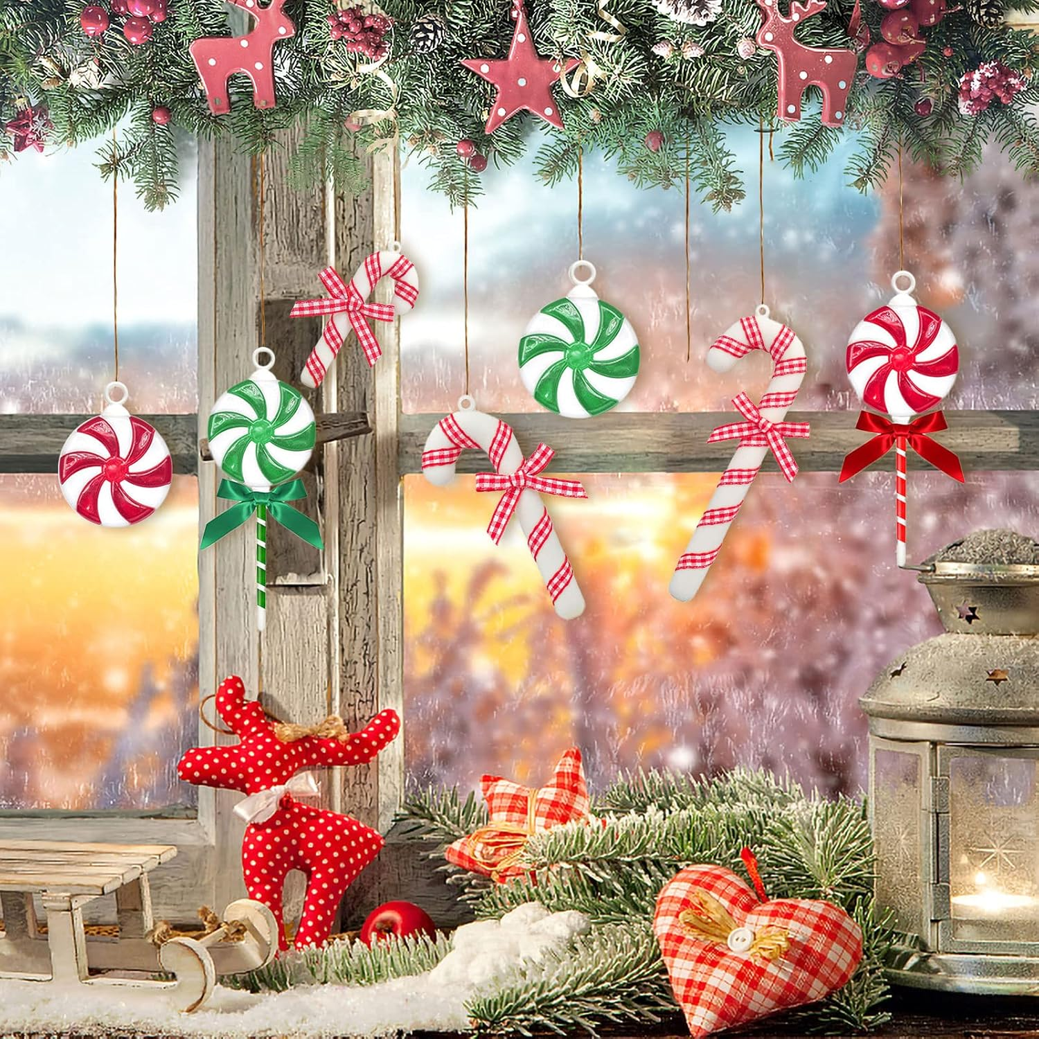 35 Pcs Shatterproof Christmas Candy Decorations Plastic Candy Cane Swirl Peppermint Lollipop Christmas Tree Hanging Ornaments, Colorful Acrylic Sweets Pendant with Bow & Rope for Holiday Party Supply image number 6