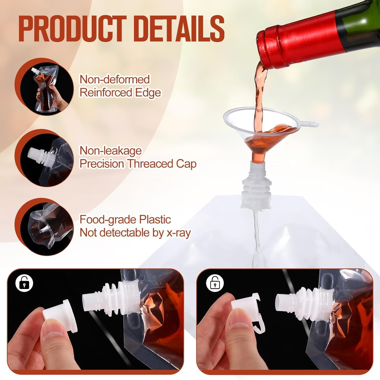 13 Pack Plastic Wine Bottle Bags Bulk Reusable Plastic Beverage Bags Travel Beverage Bags Leakproof Bags Juice Bags with Funnel (300Ml) with Funnel image number 3