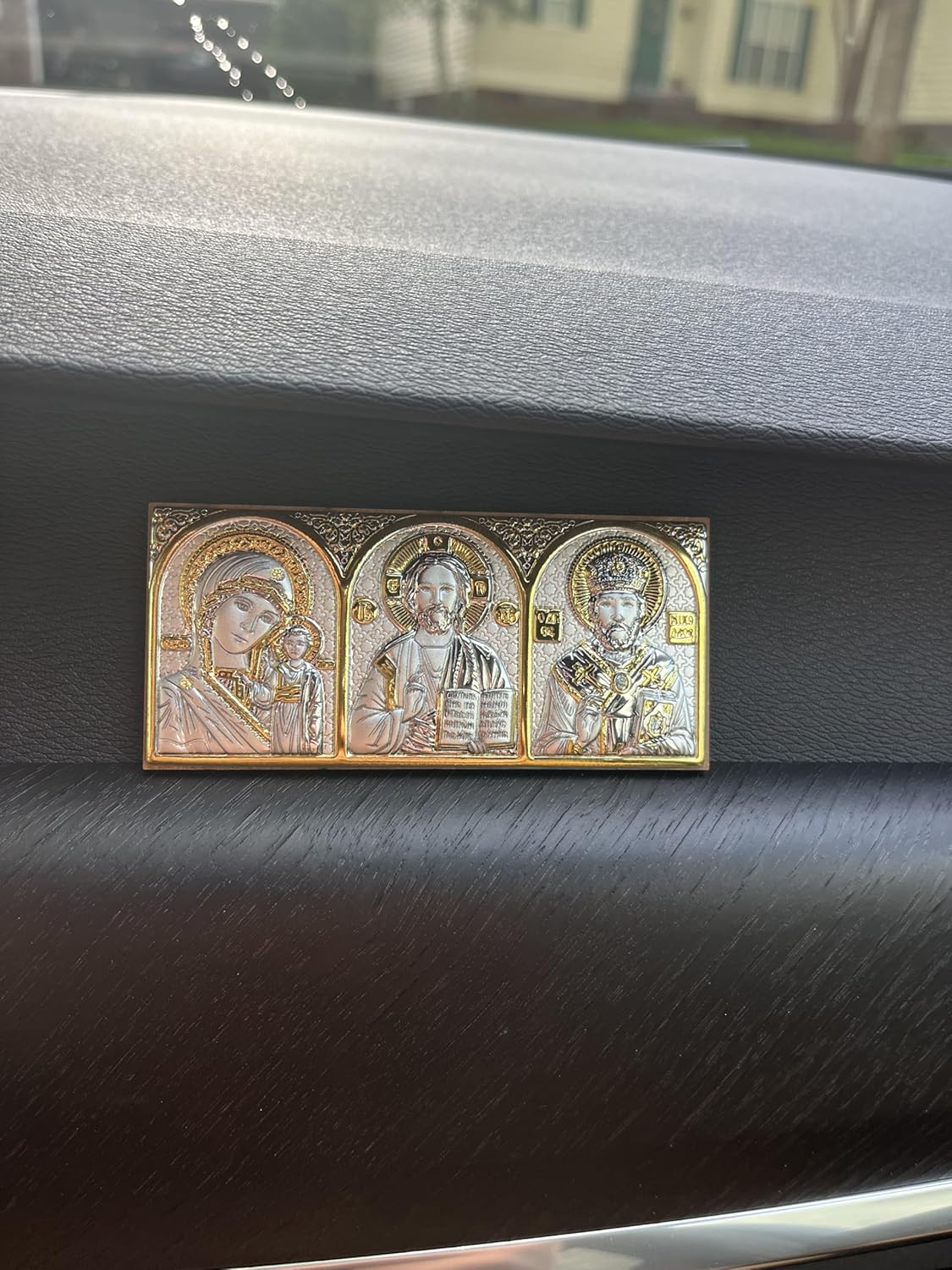 Car Protection Travel Silver Orthodox Icon/Greek Handmade (Savior, Virgin Mary of Kazan, Nicholas) image number 1