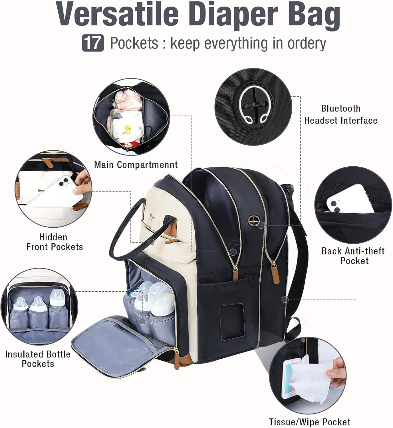 Lekebobor Nappy Bag, Multifunctional Baby Bag Backpack, Expandable 25L-37L Diaper Bag Nappy Changing Bags with Changing Pad and Earphone Hole for Mom, Black image number 3