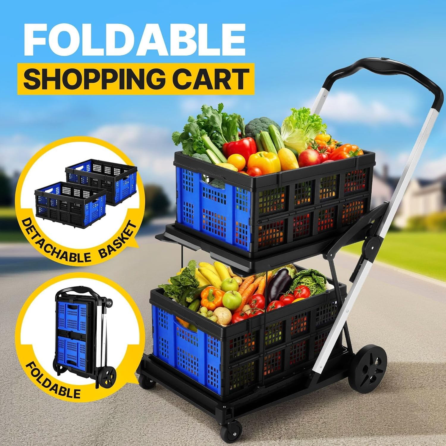 Shopping Cart with 2 Storage Crates Multi Use Two Tier Collapsible Cart with 360&deg; Rolling Swivel Wheels Folding Trolley for Shopping Picnic and Office