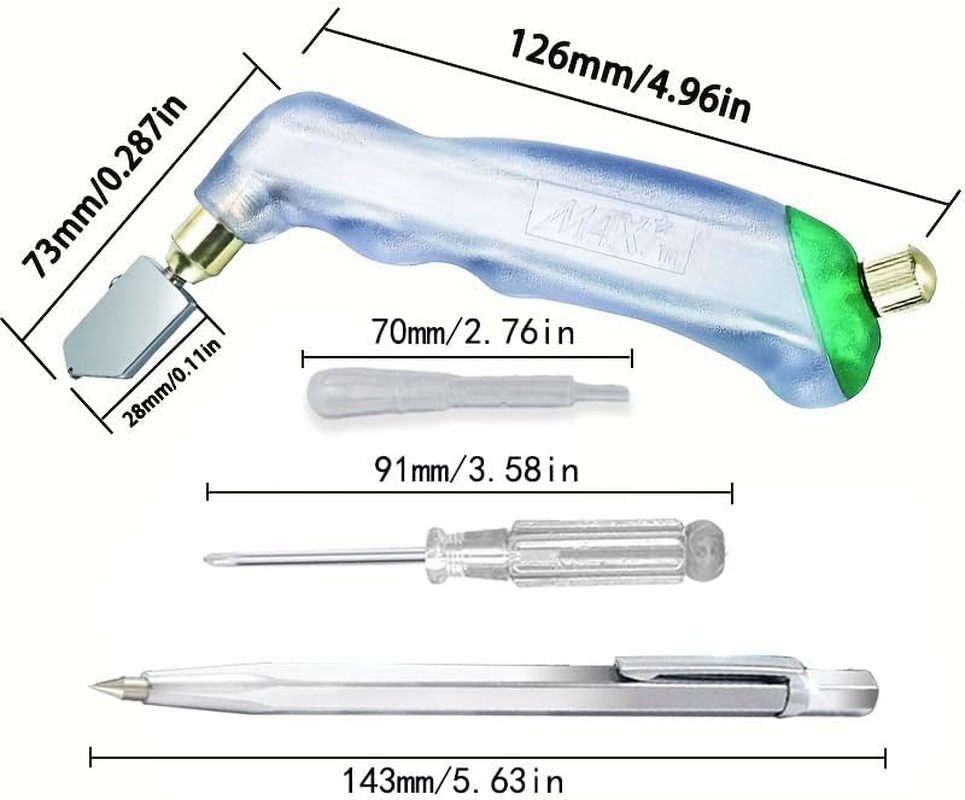 Glass Cutting Tool Kit with Pistol Grip Oil Feed Glass Cutter, 3 Pcs Replacement Head(3Mm-12Mm, 6Mm-19 Mm) Tungsten Scribe Engraving Pen, Screwdriver and Oil Dropper image number 2