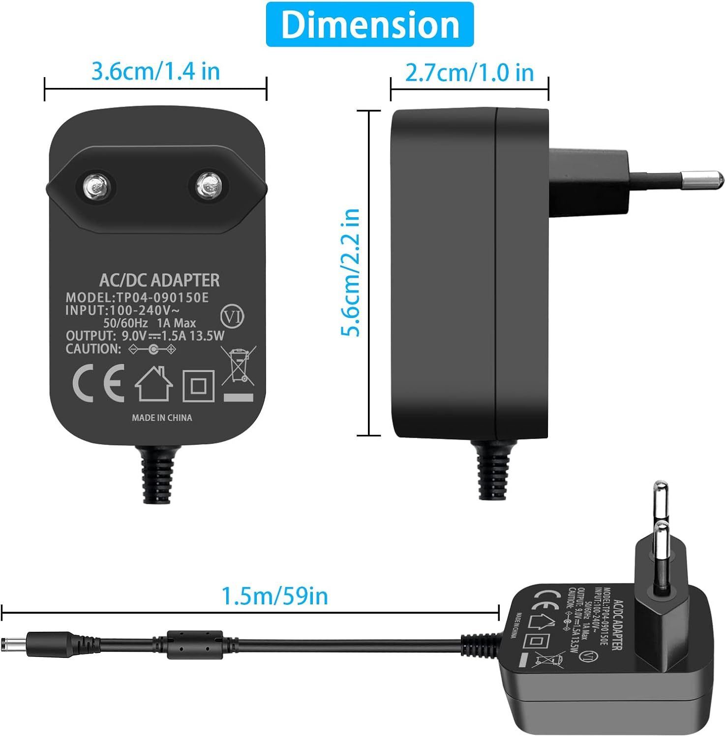 TKDY 9V 1.5A Power Supply Adapter Centre Positive 5.5 X 2.1 Mm, AC 100V-240V to DC 9V 1.5A Charger with 5 Pieces DC Ports for DVD Players, Speakers, Arduino UNO R3, Schwinn Bike A10 and More image number 3