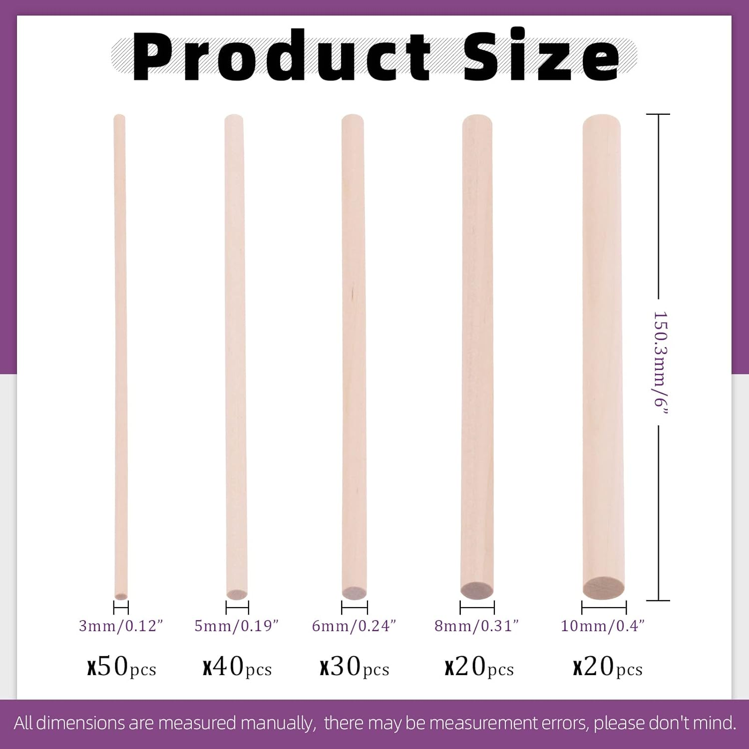 Swpeet 160Pcs OD 1/8" 3/16" 1/4" 5/16" 3/8" Length 6Inch/150Mm Wooden Dowel Rods Craft Wood Sticks Assortment Kit, Unfinished Dowel Small round Hardwood Sticks image number 6