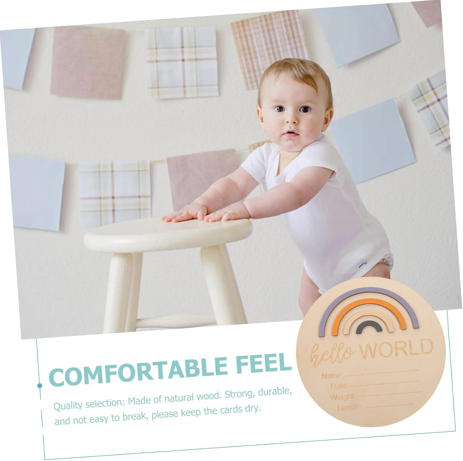 SECFOU Wooden Milestone Cards Rainbow Design Newborn Name Sign Photo Prop for Nursery Decor Announcement Gender Reveal and Shower Easy to Write and Cherish Moments image number 1