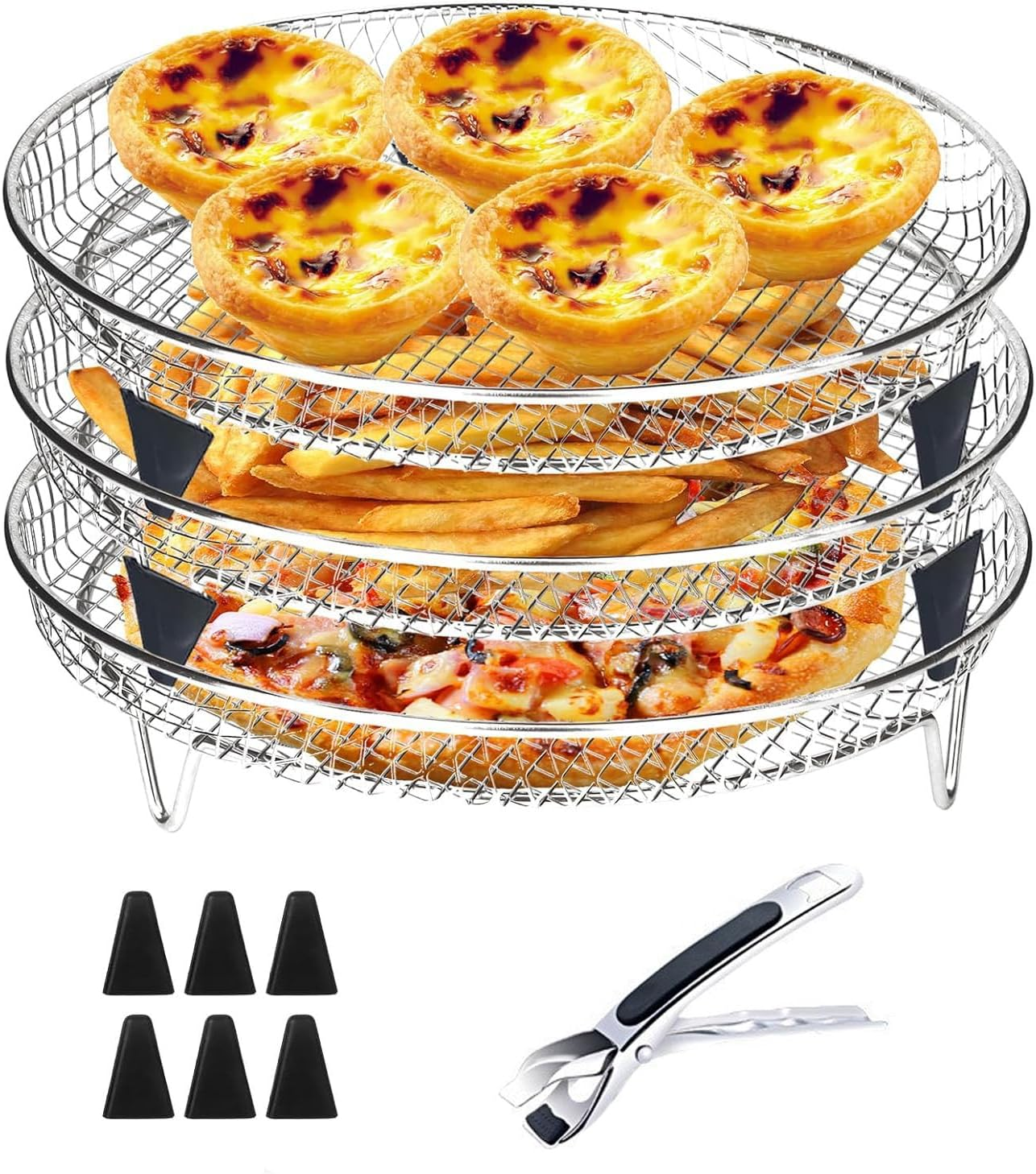 Air Fryer Accessories, 3-Layer Stackable Air Fryer Tray, 7.8X7.8 Inch round Rack, Stainless Steel, Space-Saving, Dishwasher Safe, for Ninja, Cosori, Gowise, Oven with Clip & Silicone Feet image number 6