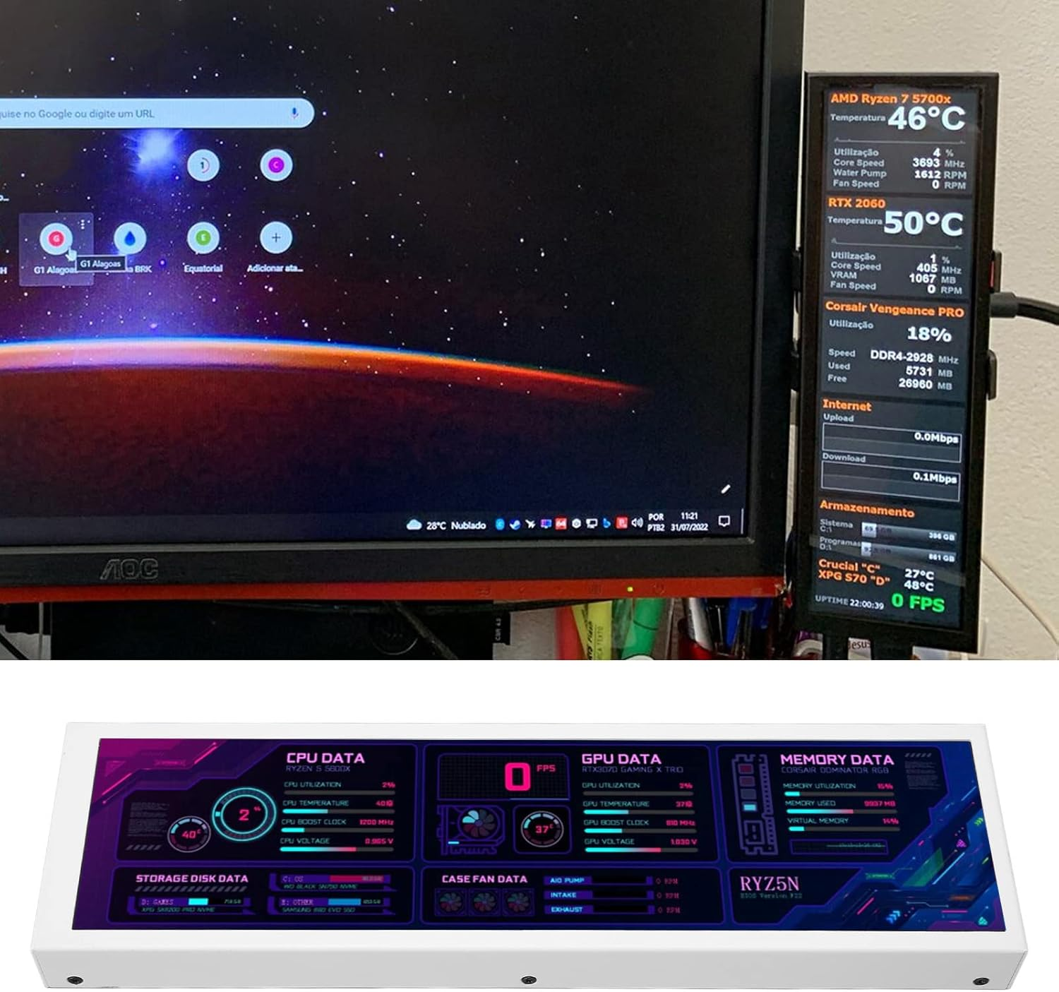 PC Temperature Monitor LCD Screen - 8.8 Inch 1920X480 IPS Secondary Display for ARGB Computer Case (White) image number 1