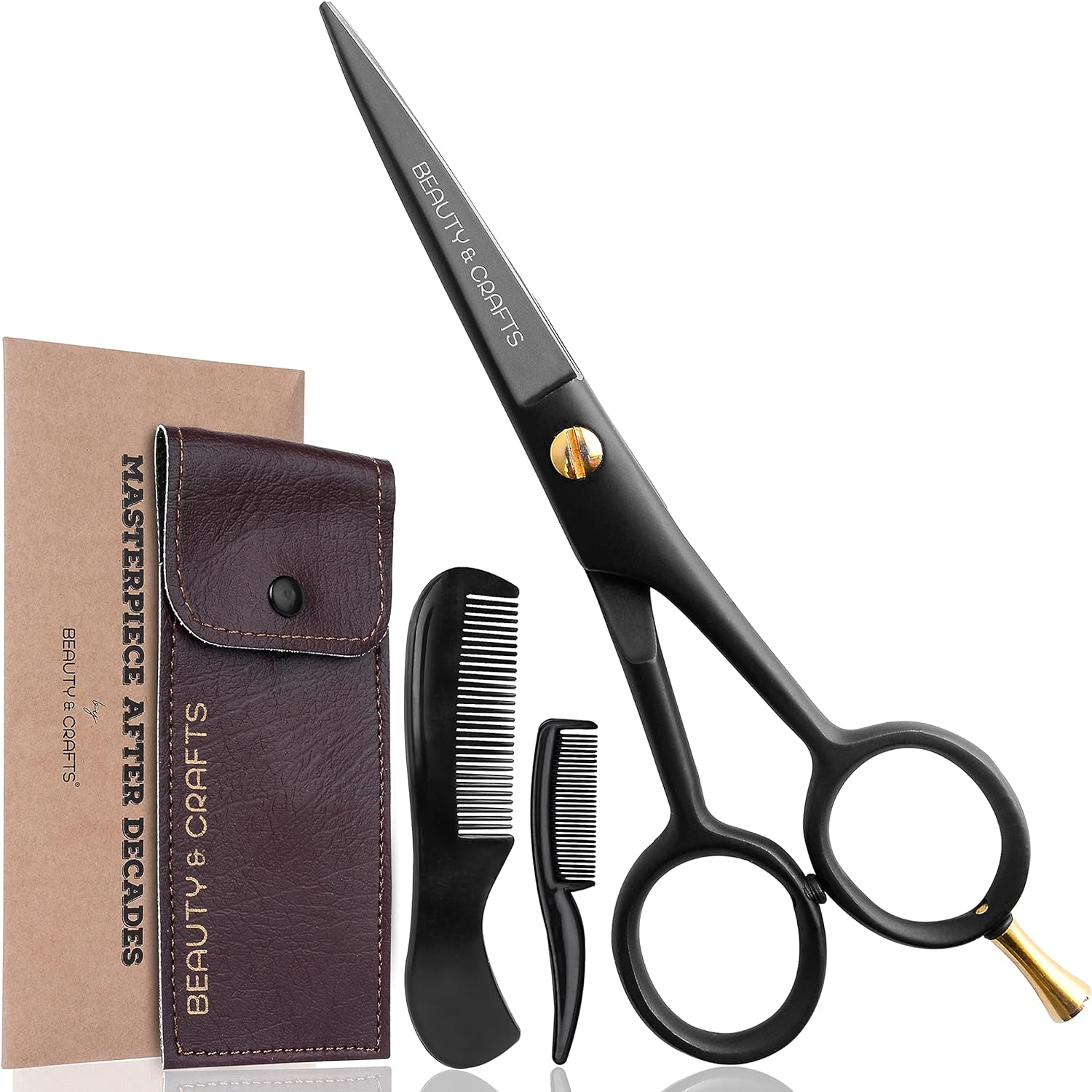 Beauty & Crafts- 5'' German Beard Mustache Scissor- 2 Mustache Combs for Facial Hair with Beautiful Pouch - Beard Trimming Scissors Use for Grooming, Cutting, and Styling of Mustache (Black)
