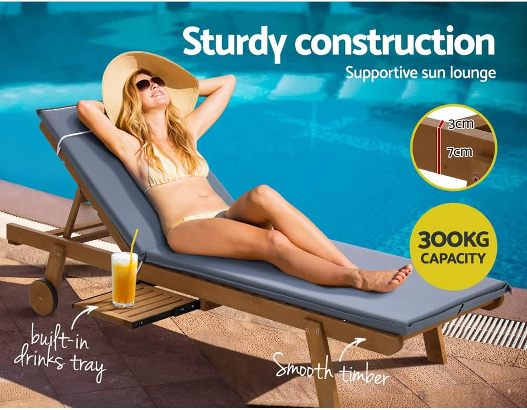 Gardeon Wooden Sun Lounge Camping Chair, Adjustable Backrest Chaise Beach Chair with Wheels, Cushion and Pillow, Outdoor Furniture for Garden, Patio, Poolside and Backyard, Grey