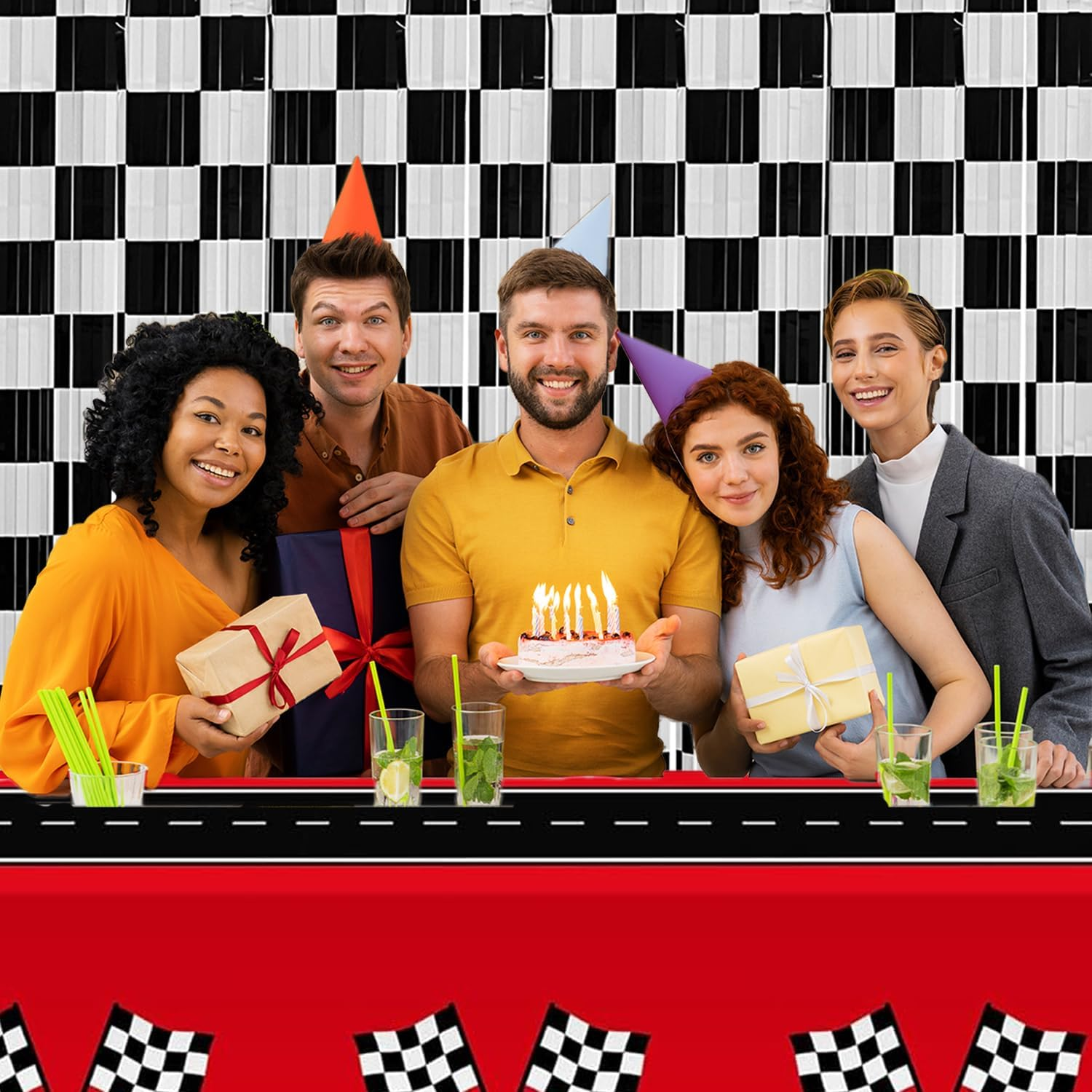 Race Car Foil Fringe Curtains Backdrop Birthday Party Decorations, 2 Pack 3.28 X 6.56 Ft Black White Foil Fringe Curtain Photo Booth Props Cars Lightning Fast Wheels One Happy Dude Party Decorations image number 2