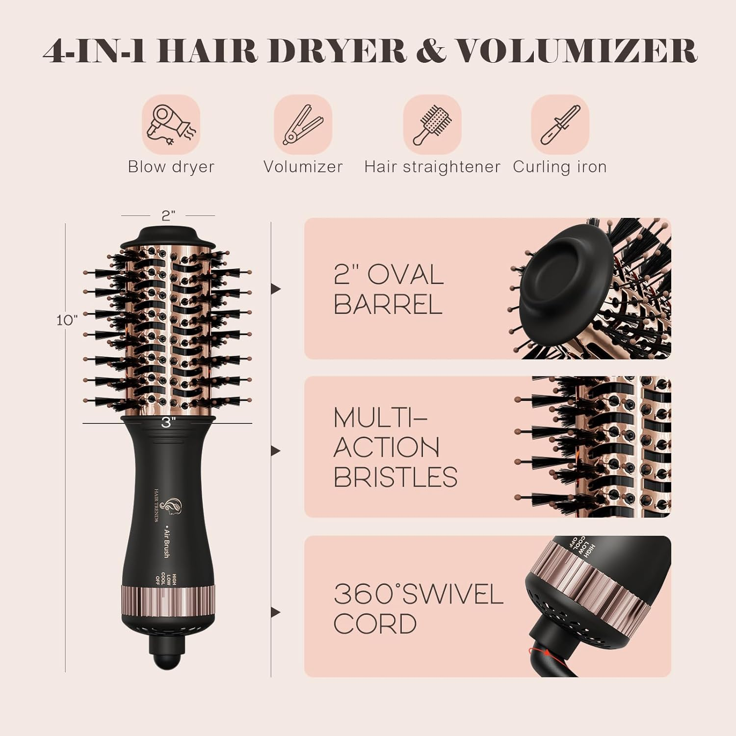 Dual Voltage Hair Dryer Travel Hair Brush , Hair Curler Small Hair Straightener Brush with European Plug Adapter for International Travel, 5 in 1 Hot Air Styler & Dryer for Drying Straightening Curl Brush image number 5