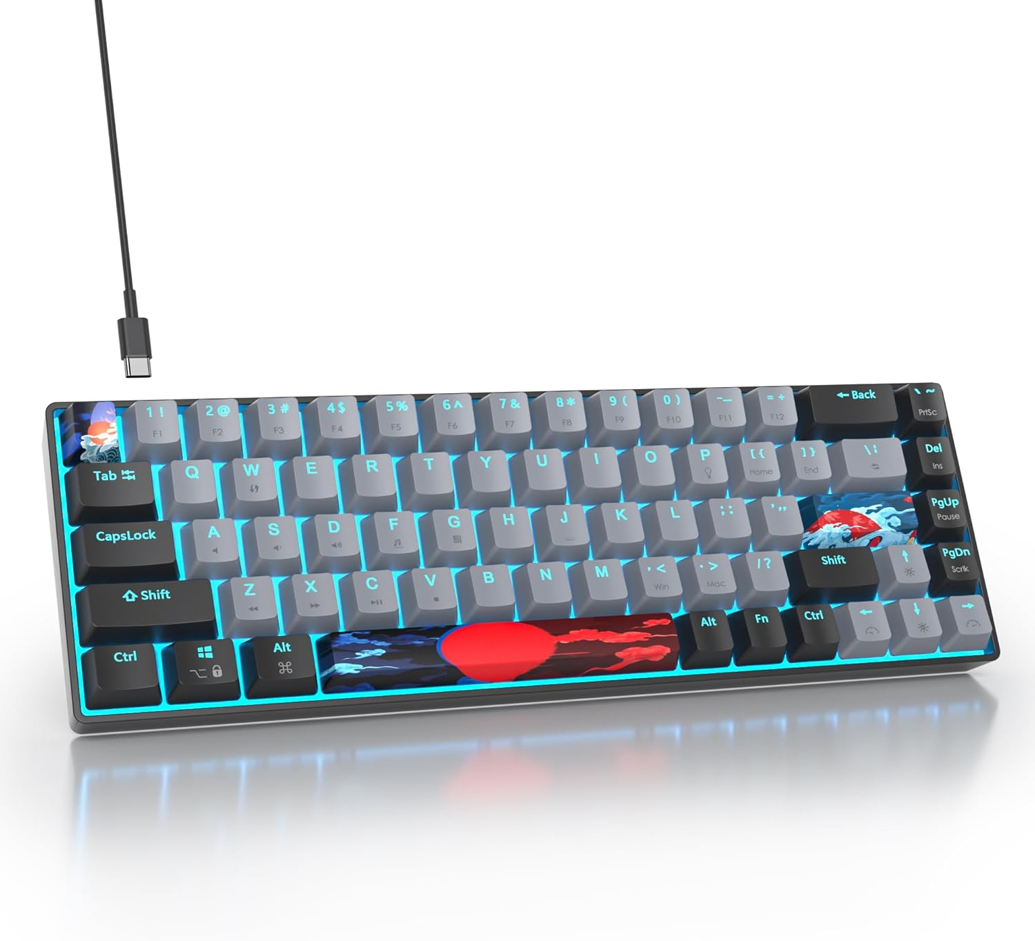 65% Mechanical Gaming Keyboard,Wired Compact 65 Percent Keyboard Ice Blue LED Backlit Red Switches PBT Keycaps for Win/Mac PC Gamers&Typists(Dolch)