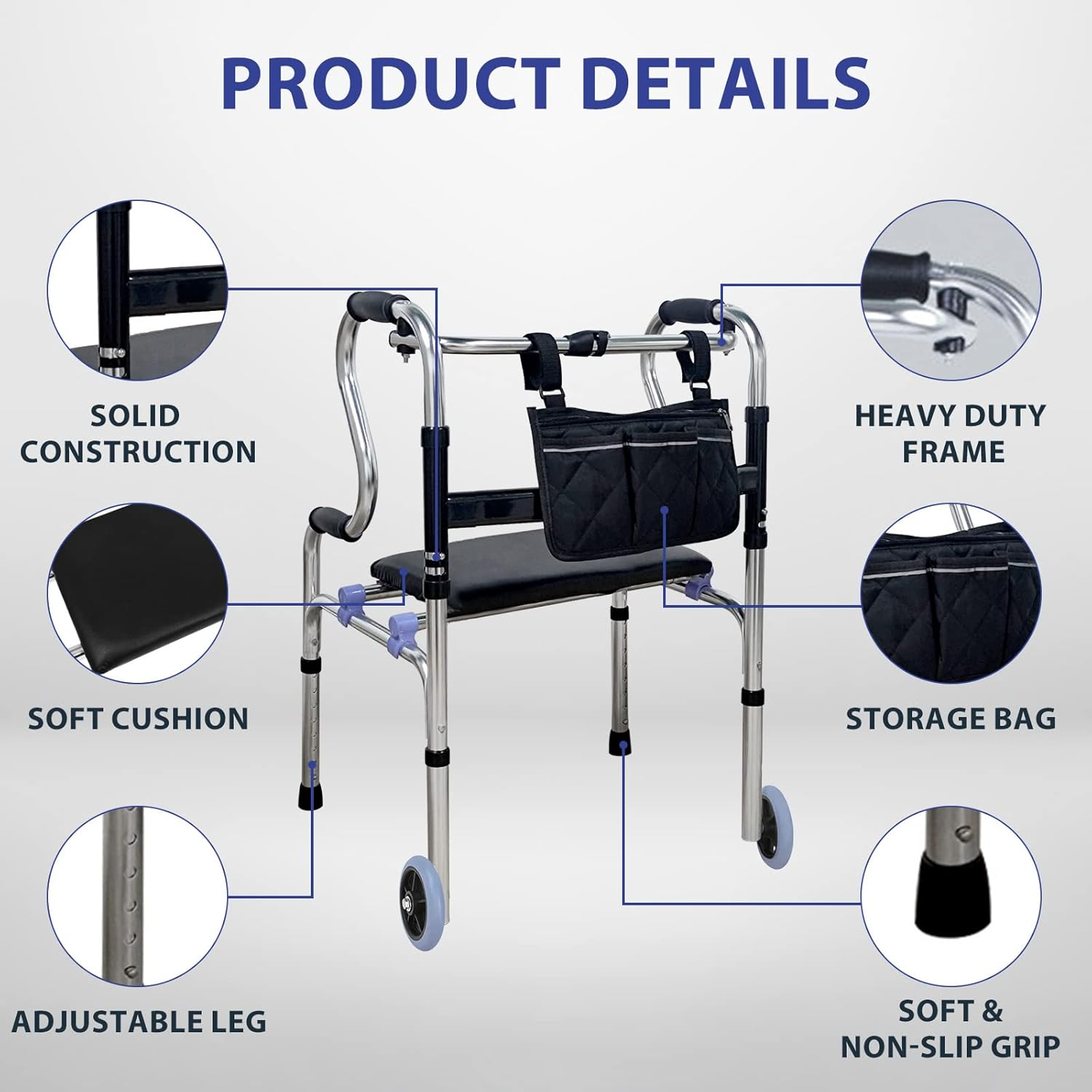USOR 4-In-1 Stand-Assist Folding Walker with Detachable Seat, Folds for Easy Storage & Transport, 5" Wheels, Capacity 150KG, Can Be Used as Toilet Safety Rail, Silver, Aluminium, Senior/Elderly image number 2