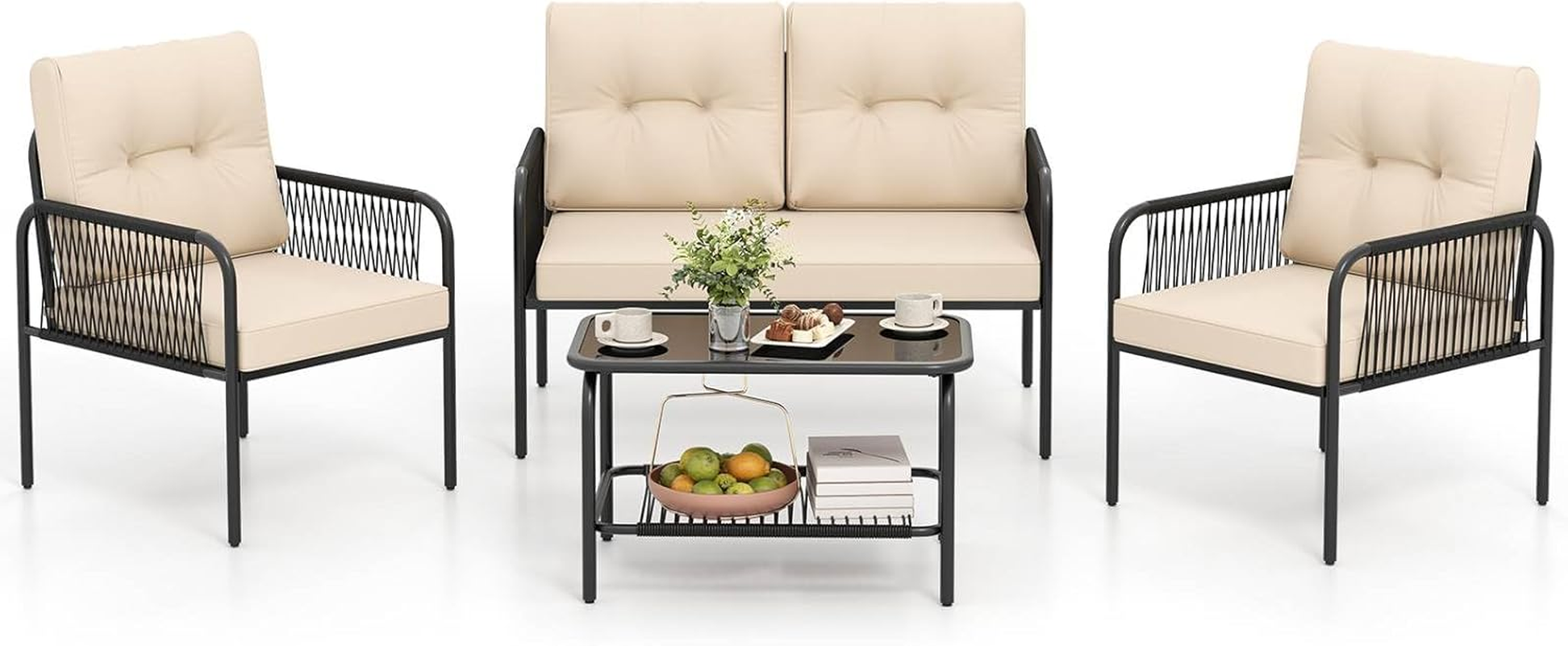 Costway 3-Piece Patio Sectional Sofa Set, Outdoor L-Shaped Furniture Set, Wicker Rattan Conversation Set with Thick Cushions, Detachable Lounger & Tempered Glass Coffee Table, for Yard, Poolside