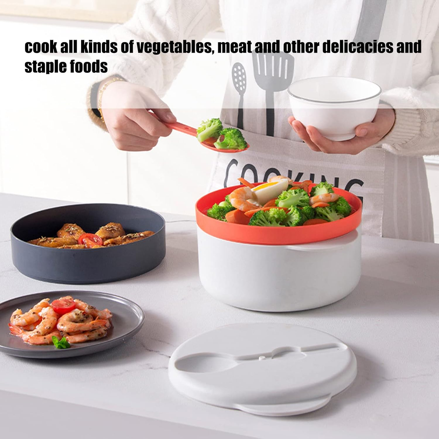 Microwave Steamer Cookware, 2L Multi Layer Stackable Microwave Cooker with Spoon & Lid Multifunctional Steamer Bowl Basket Food Container Microwave Steaming Container with Handle