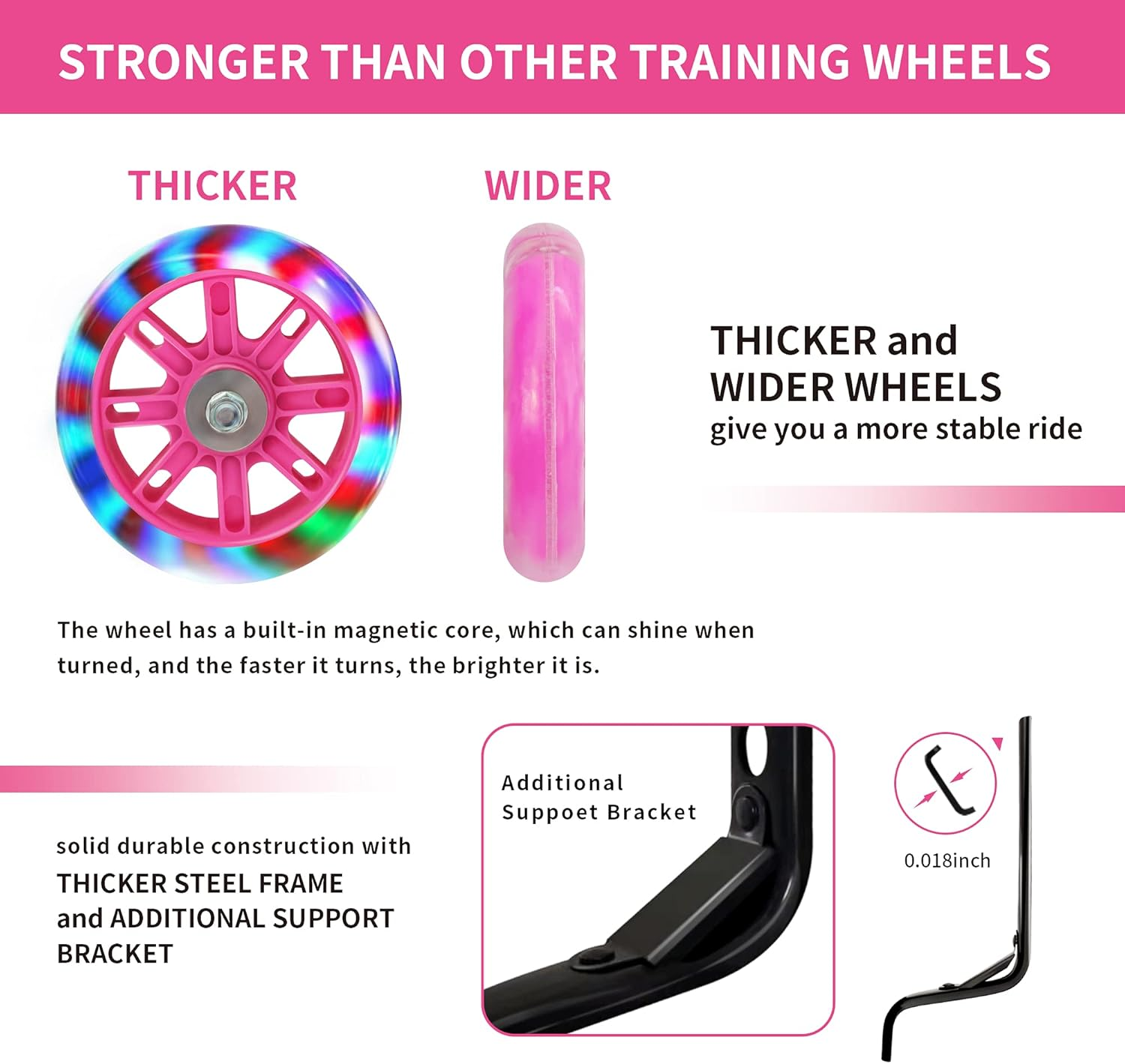 Kids Bike Stabilisers for Childs Bike Support Bike Wheels 12 14 16 18 20 Inch, Bicycle Training Wheels Mute Flash Wheels with Adjustable Bicycle Stabiliser Mounted Kit - Pink image number 3