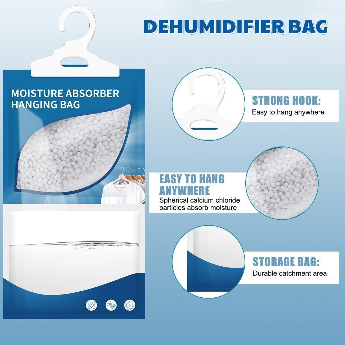 10 Pack Moisture Absorbers Packets,Closet Quick Dehumidifier Bags,Portable Hanging Humidity Absorber,Desiccant Hanging Bag for Wardrobe, Kitchen, Bedroom, Bathroom (230G) image number 2