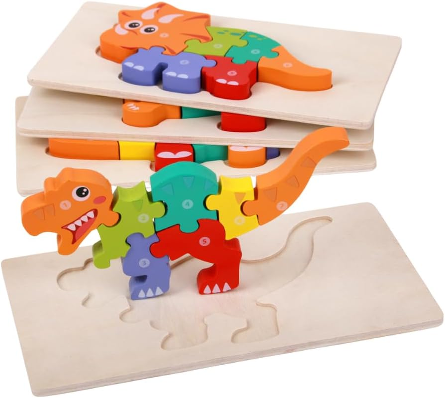 3D Dinosaurs Puzzles for Toddlers Set of 4 Dinosaurs Easy Grip Chunky Wooden Puzzles Suitable as Boys and Girl Age 3 4 5 Years Old Montessori Toys image number 4