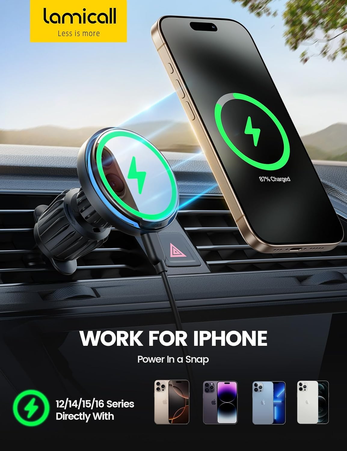 Lamicall for Safemag Car Charger Holder - [15W Fast Charging] Wireless Charger for Car, N55 Magnetic Phone Mount for Dashboard & Air Vent for Iphone 17 16 15 14 13 12 Series & Mag Case - Black image number 2