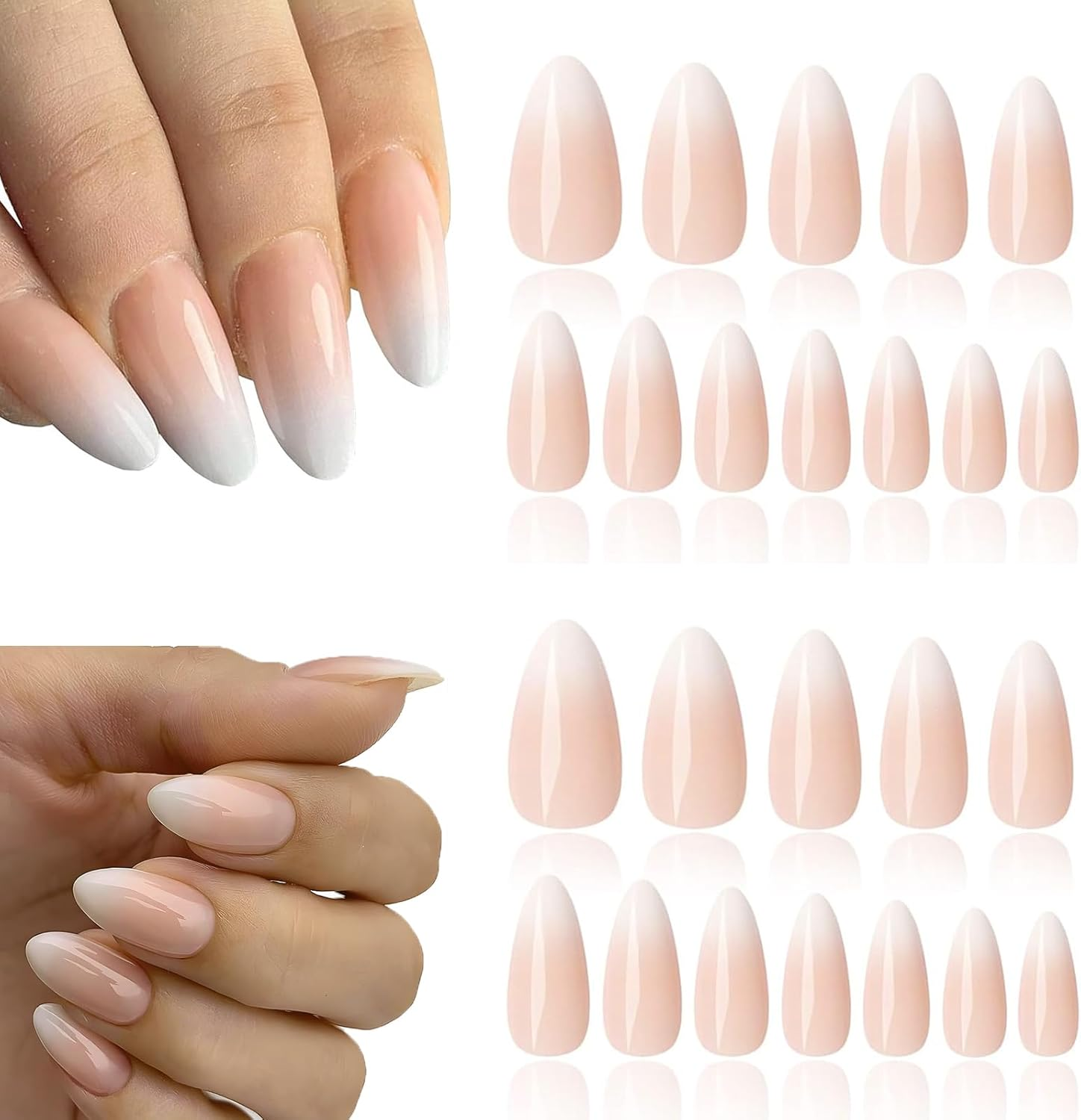 Qioon 24 Pcs Short Almond Press on Nails, French Tip Gradient Fake Fingernails with Adhesive Tabs, Light Color Stick on False Nails for Women and Girls
