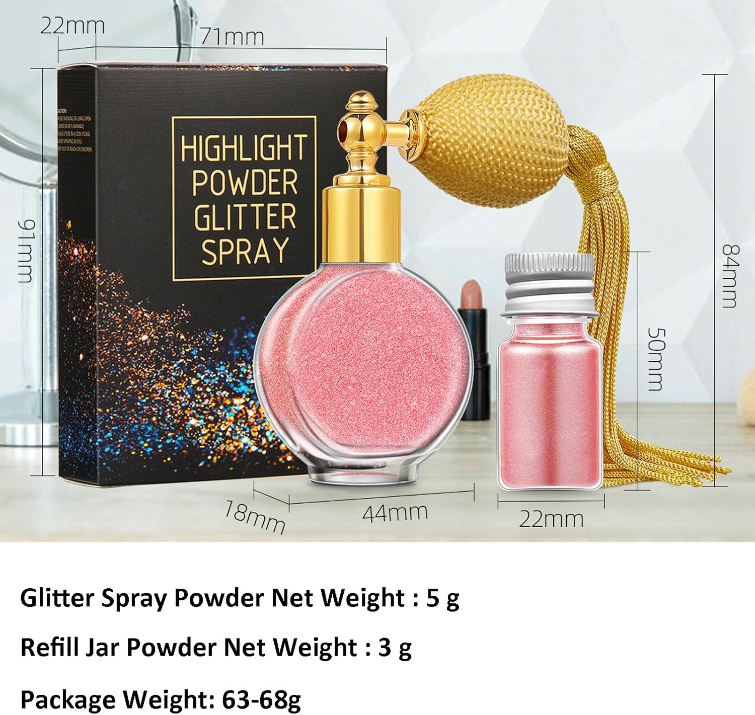 Glod Body Glitter Powder Spray, with Refills Jar Shimmery Sparkle Powder, Long-Lasting Body Highlighter Spray for Stage, Rave and Music Festival Makeup