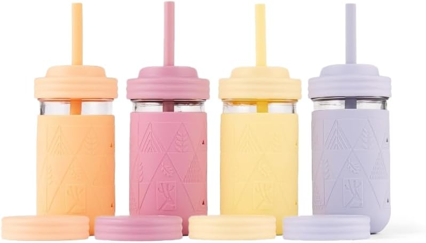 Elk and Friends 12Oz Glass Kids + Toddler Drinking Cups | the Original Mason Jars with Lids + Sleeves + Straws | Smoothie Cups | Spill Resistant | Dishwasher Safe | 4 Pack