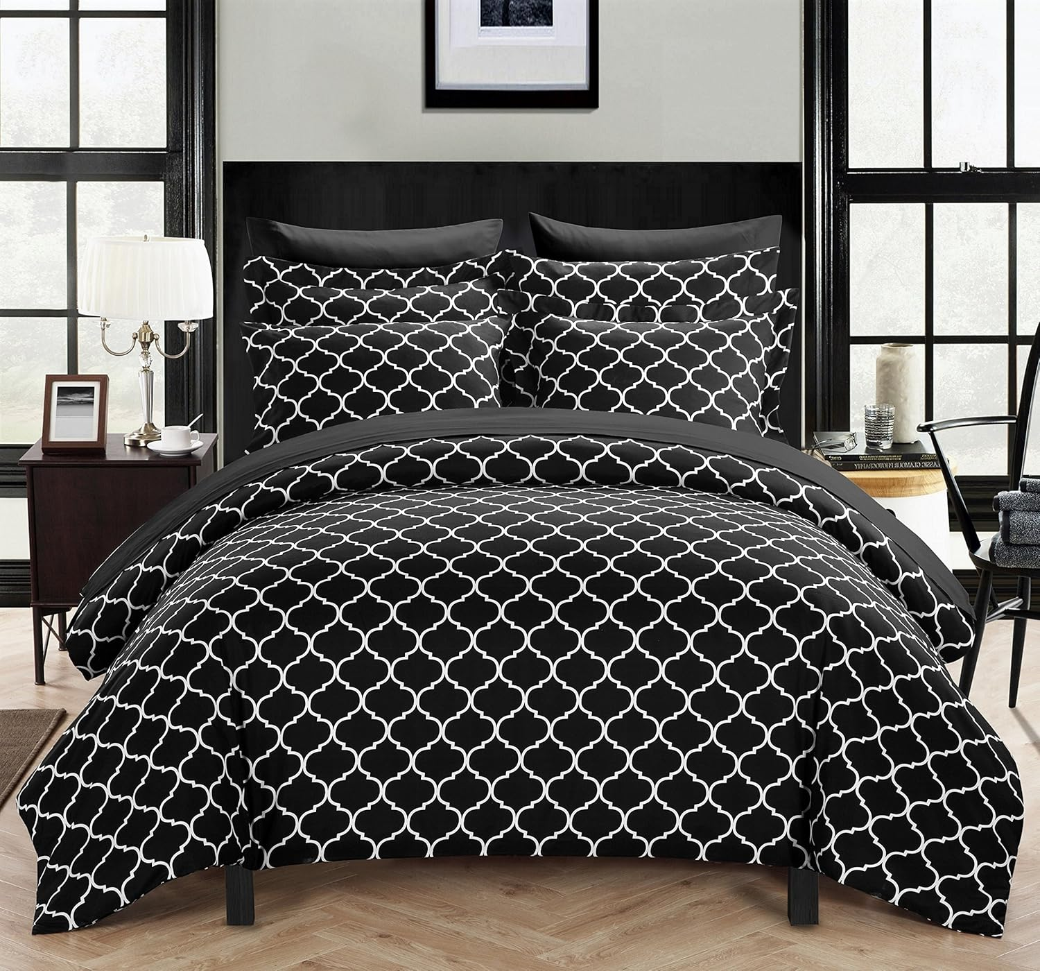 Chic Home Brooklyn 3 Piece Reversible Duvet Cover Set Geometric Diamond Fretwork Pattern Print Zipper Closure Bedding-Decorative Pillow Shams Included, King, Plum