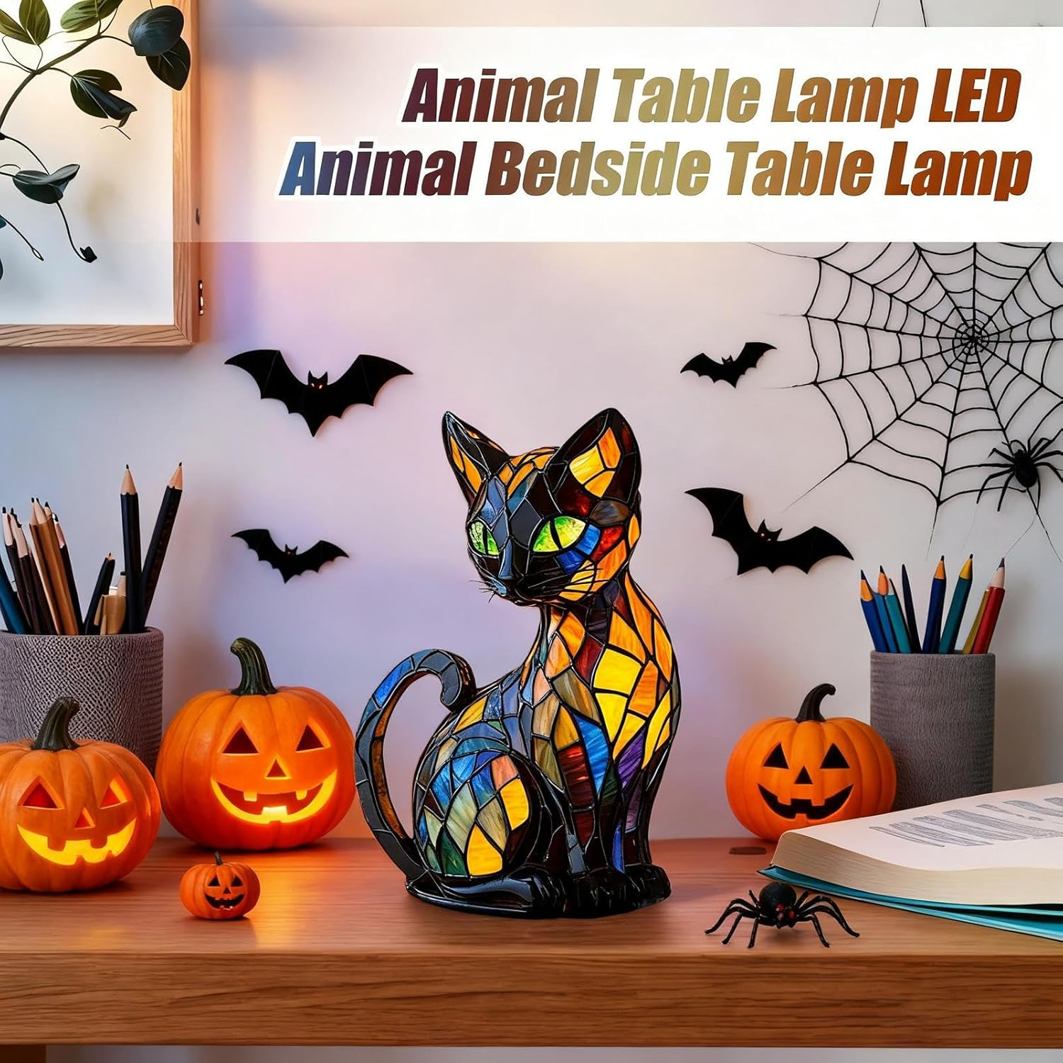 Cat Stained Glass Lamp, Resin Luminous Stained Glass Cat Lamp 17X10X10Cm, Cats Bedside Lamps Led Nightlight, Vintage Glasss Cats Lamps Desk, Handmade Resin LED Animal Bedside Table Night Light image number 6