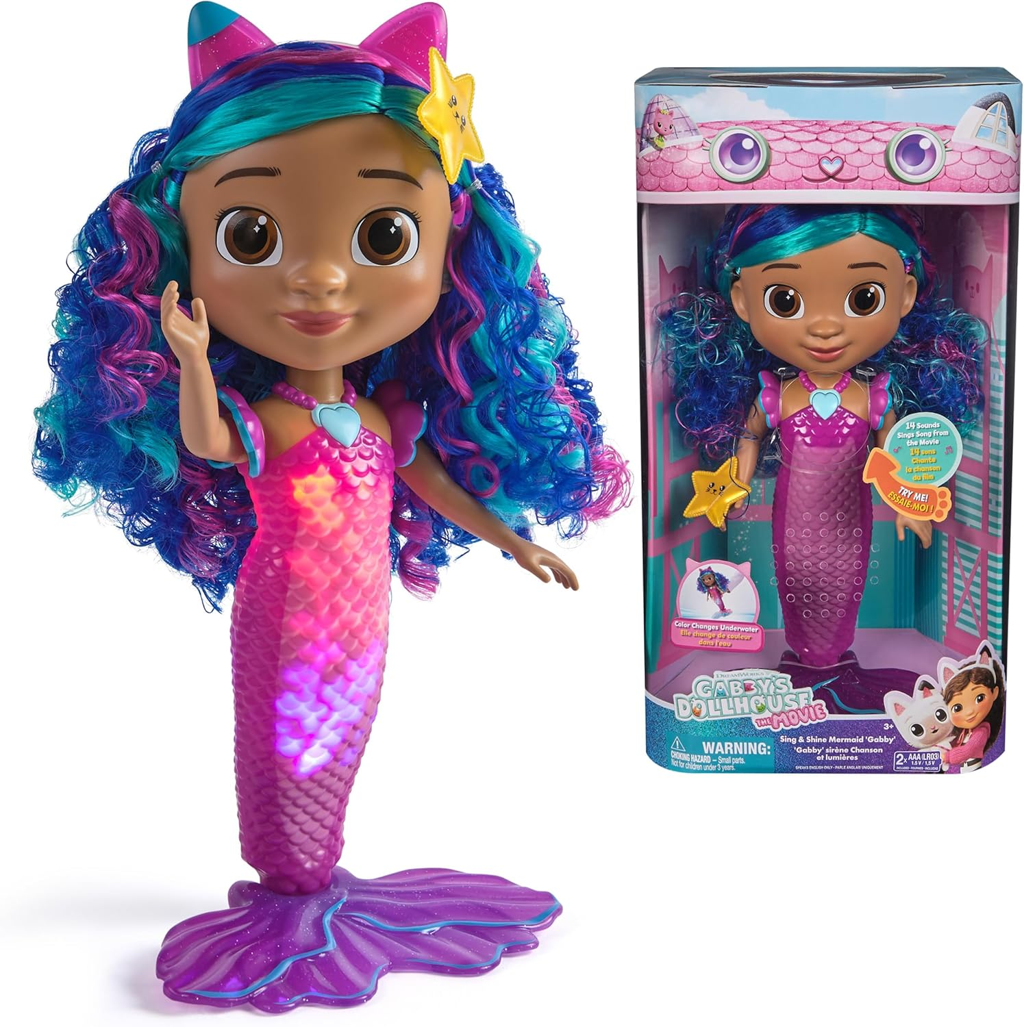 Gabby'S Dollhouse: the Movie, Sing & Shine Mermaid Gabby, Waterproof Mermaid Doll with Lights and Sounds, Kids Toys for Girls & Boys Ages 3 and Up