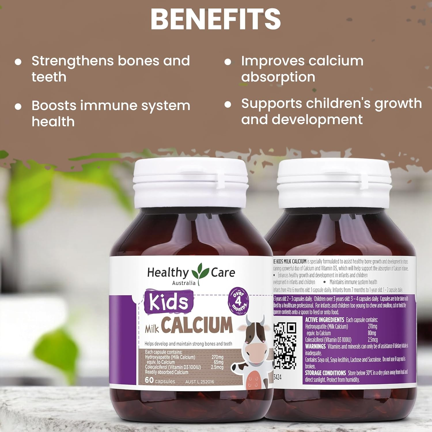 Healthy Care Milk Calcium Capsules for Kids - Supports Strong Bone and Teeth - Premium Dietary Supplement - All-Natural Ingredients - 60 Capsules image number 2