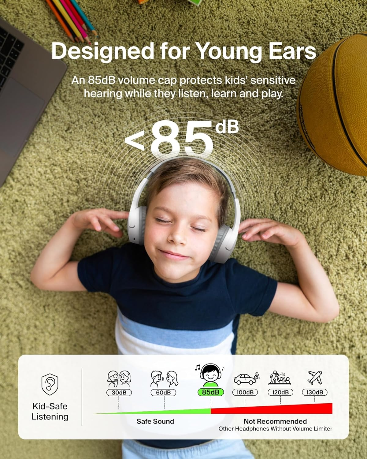Belkin Soundform Mini - Wireless Bluetooth Kids Headphones, 30H Battery, 85Db Safe Volume Limit, Built-In Microphone - Toddler On-Ear Earphones for Iphone, Ipad, Fire Tablet, Ideal for School - White image number 2