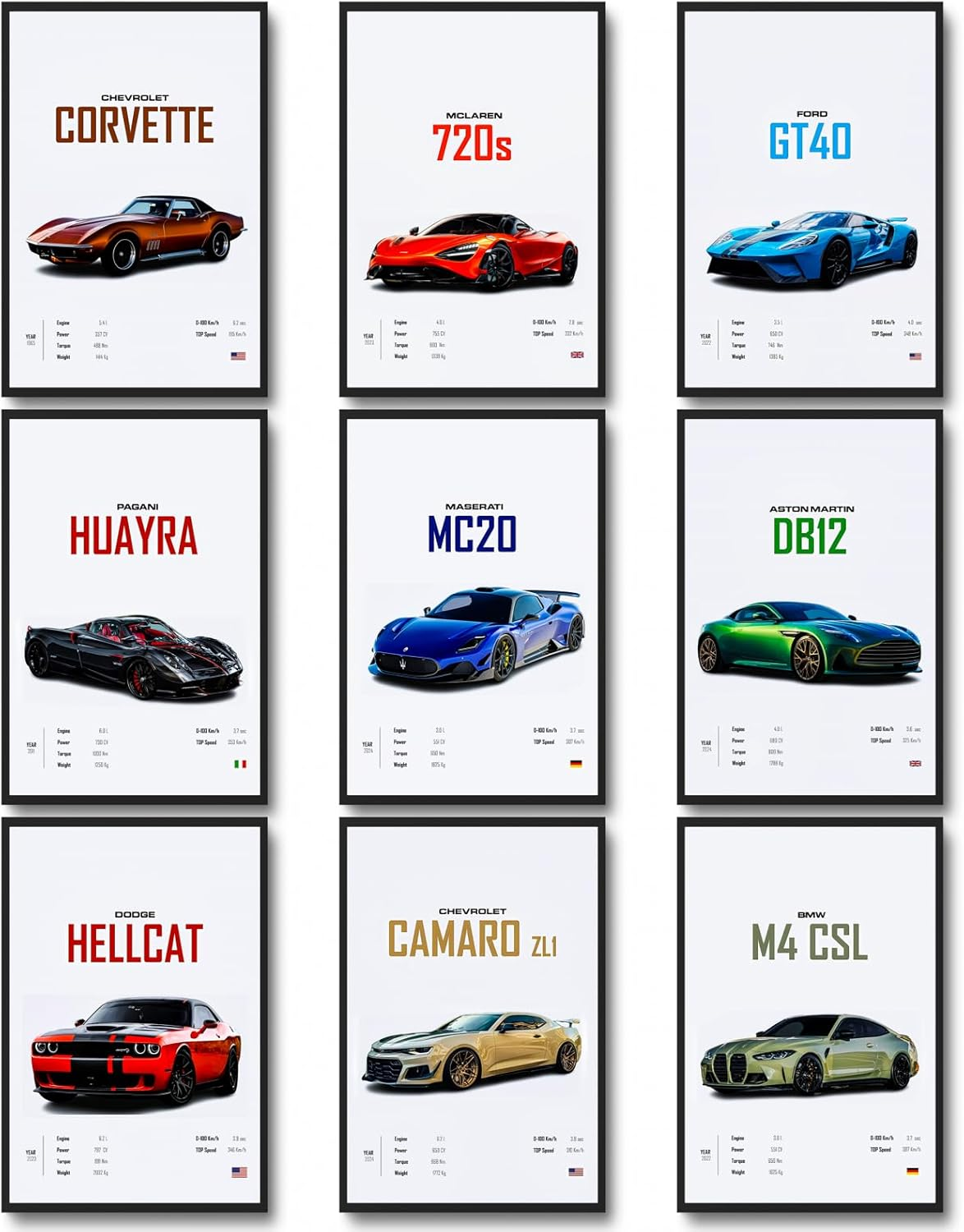 Dazongweihan 9Pcs Super Car Posters for Boys Room, Racing Car Wall Art for Men Guys, Sports Car Wall Decor, Race Cars Pictures Wall Decor for Bedroom Dorm Man Cave (Unframe,8X12Inch) (R1)