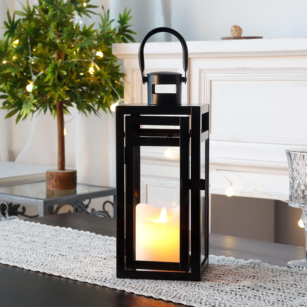 TRIROCKS Metal Lantern Candle Holder 30 Cm High Decorative Tea Light Candle Holder with Tempered Glass for Christmas Home Decor Living Room Parties Events Tabletop Indoors Outdoors (Black) - Gold image number 3