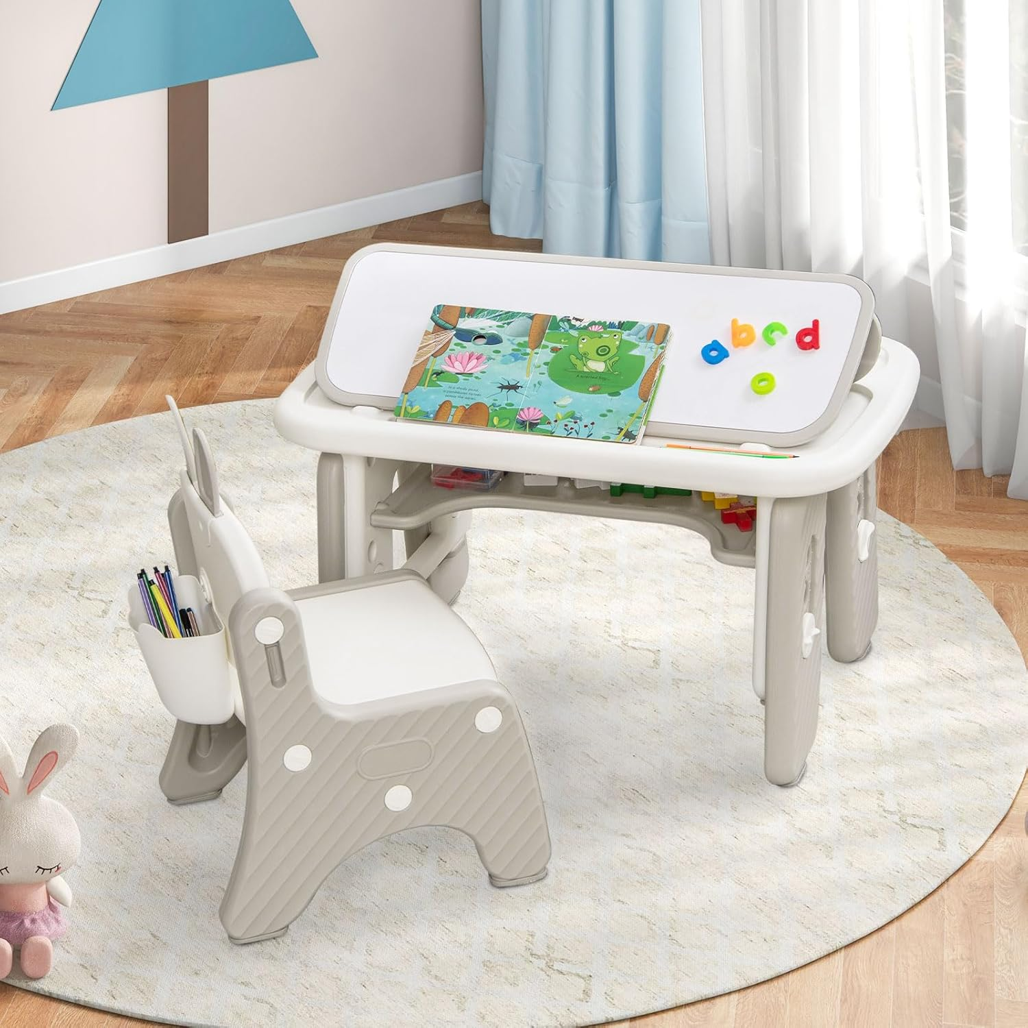 INFANS Kids Table and Chair Set, Activity Table with Magnetic Drawing Board 4 Gears Adjustable Height Bookshelf Watercolor Pens, Toddler Plastic Furniture Table for Playing Reading Eating image number 4