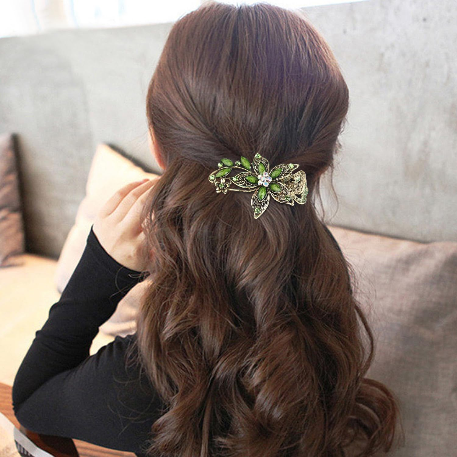 2 Flower Hair Clips, Exquisite Fashion Hair Accessories, Women'S Crystal Hair Clip, Green Hair Clip, Retro and Elee Hairpin, Decoration Clip Hairstyle image number 1