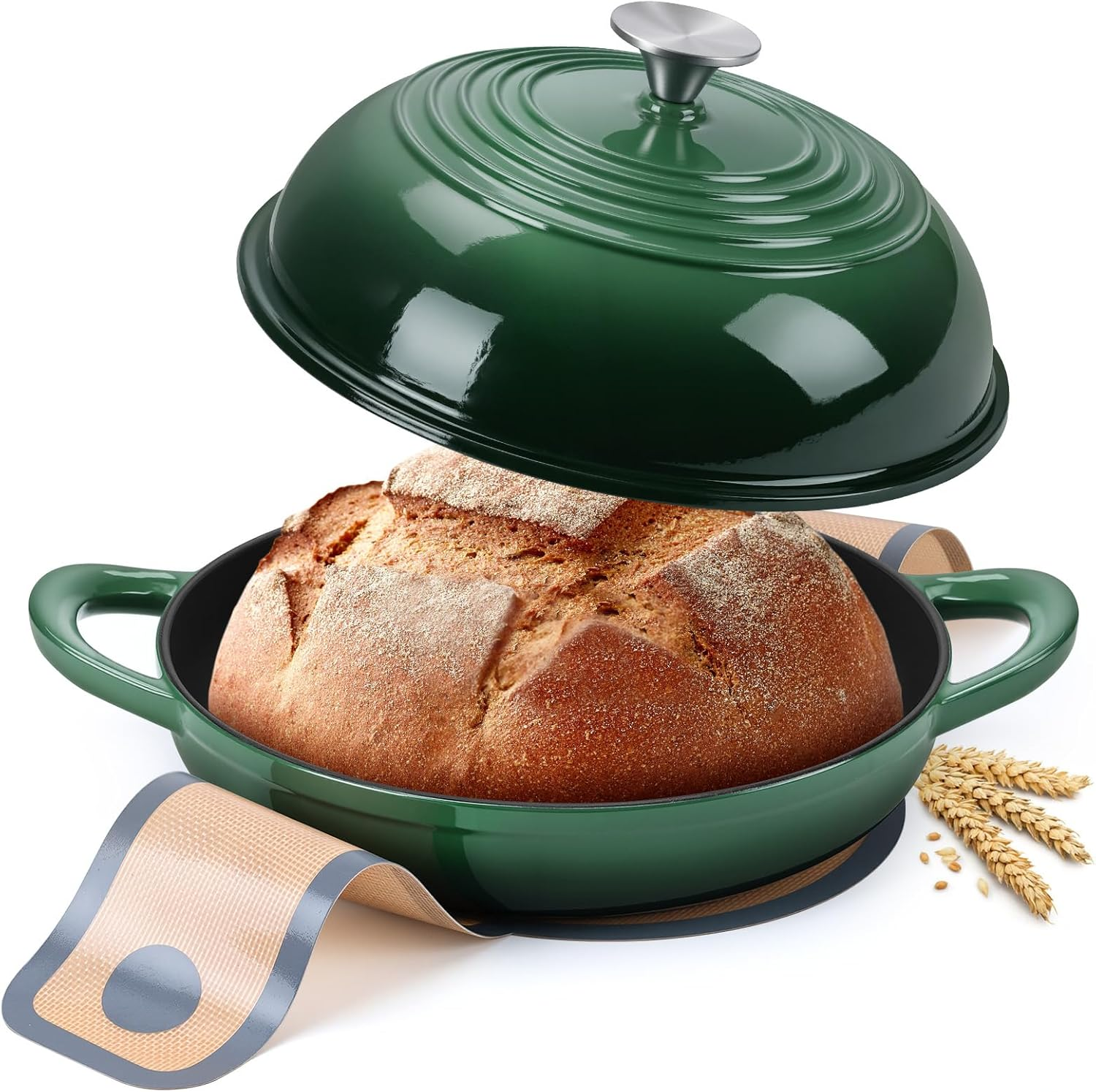 Round Bread Oven for Homemade Sourdough Bread Baking, Leonyo Enameled Cast Iron Dutch Oven Pot with Dome Lid, Non Stick Silicone Baking Mat for Cooking, 6 Quart, Blue