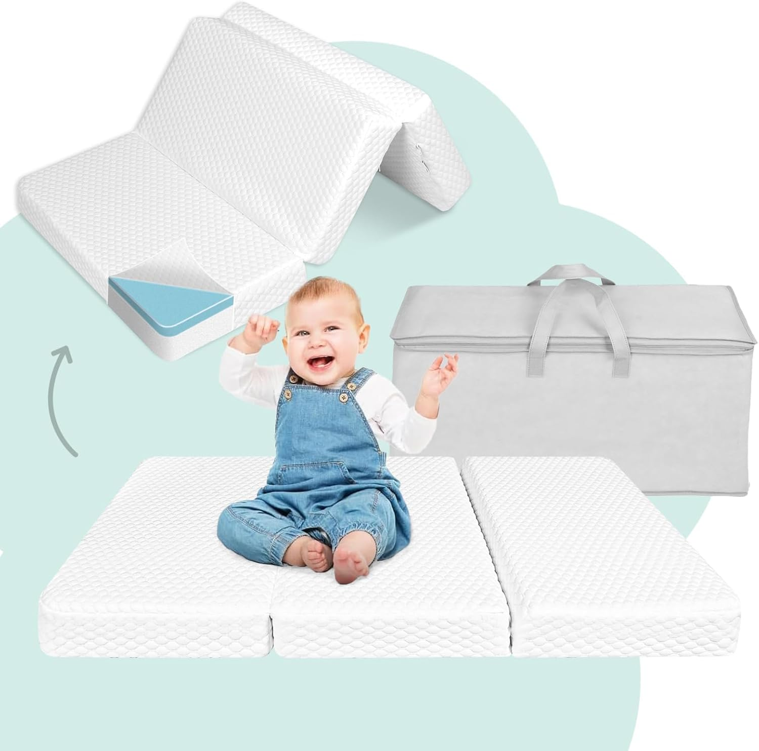 Folding Baby Cot Mattress 96 X 66 X 6Cm, Portable Travel Cot Mattress, Breathable Soft Plush Memory Foam Includes Carry Bag Removable Washable Cover, Perfect for Home, Travel, and Camping image number 1