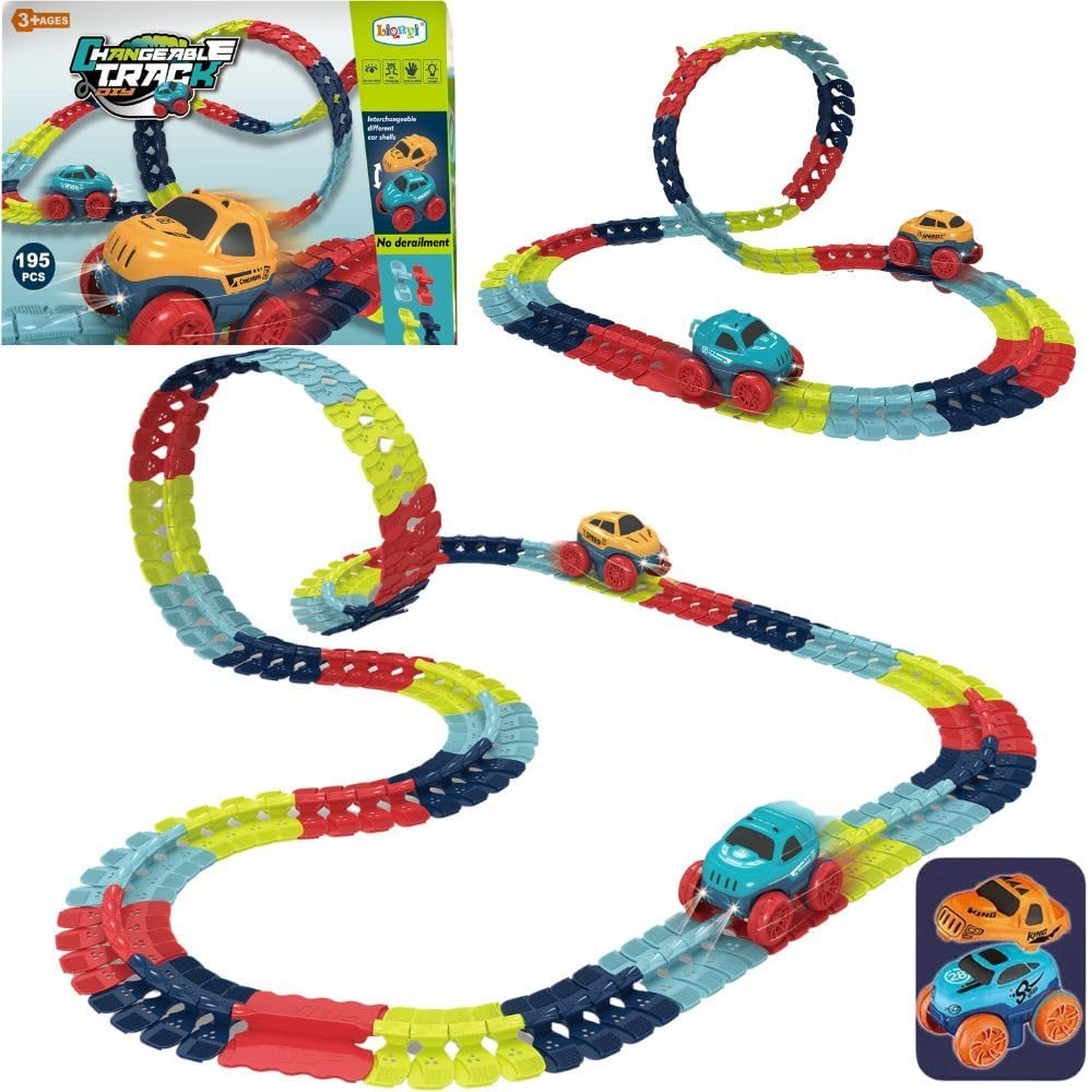 Zero Gravity Car Track Set Race Track Toys for Boys Kids LED Light-Up Race Car,Flexible Changeable Magic Race Car Track Toys for 3 4 5 6 7 8+Year Old Boys Girls as Best Birthday Gift (195 PCS)