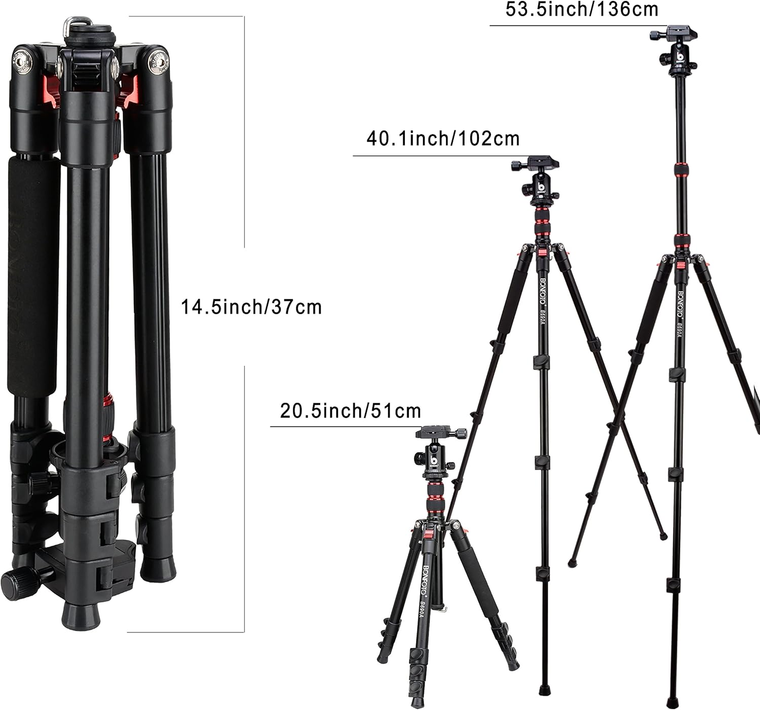 BONFOTO B690A Camera Tripod for Travel,Lightweight Aluminum Portable DSLR Tripod with 360 Degree Ball Head and Carry Bag, Camera Stand for Ring Light & Canon Nikon Sony DSLR image number 3
