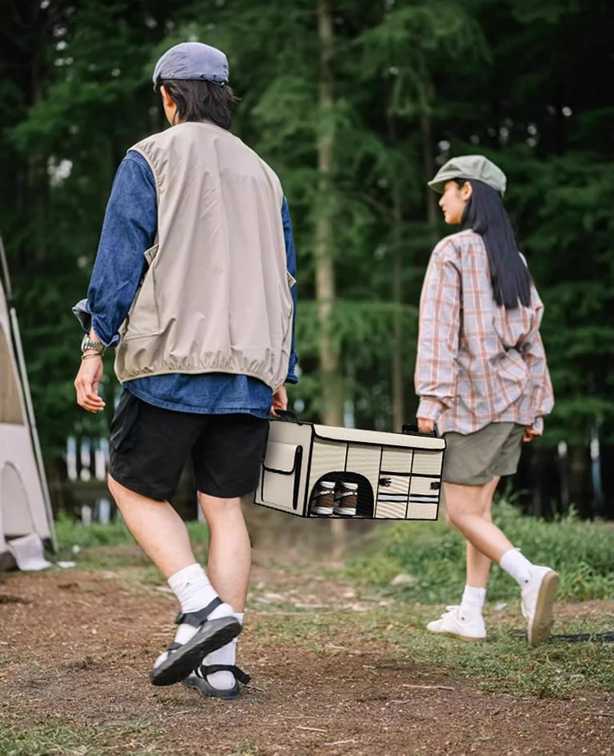 72L Car Trunk Organizer, Collapsible Car Storage Container with Lid, Multi Compartments Car Storage Organizer with Reflective Strip for SUV, Truck, Sedan (Beige) image number 1