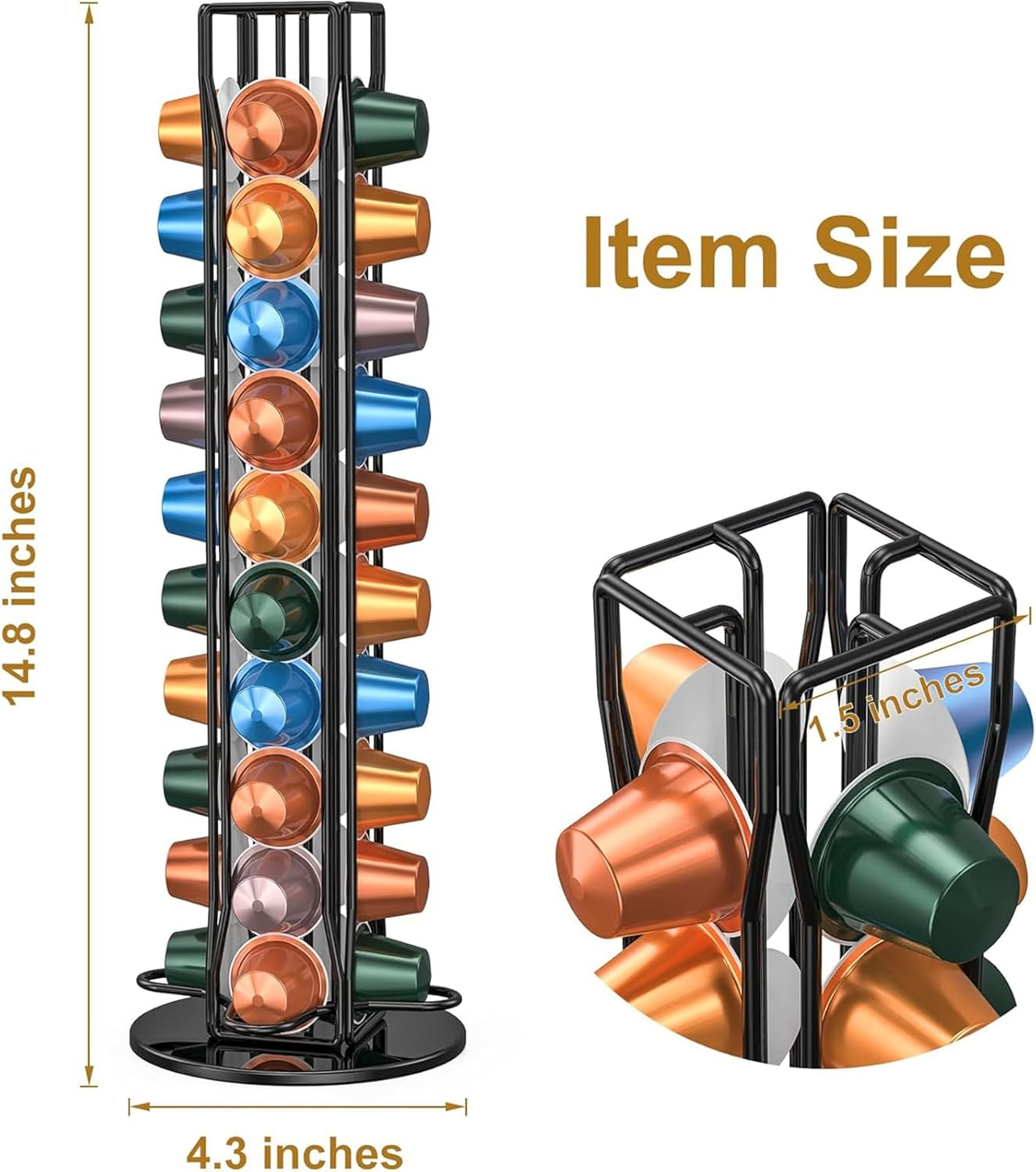 Yeanifeana Coffee Pod Holder for Original Pods, 40 Capsule Rotating Organizer, Space-Saving Black Storage Rack with Compact Design & Quick Access