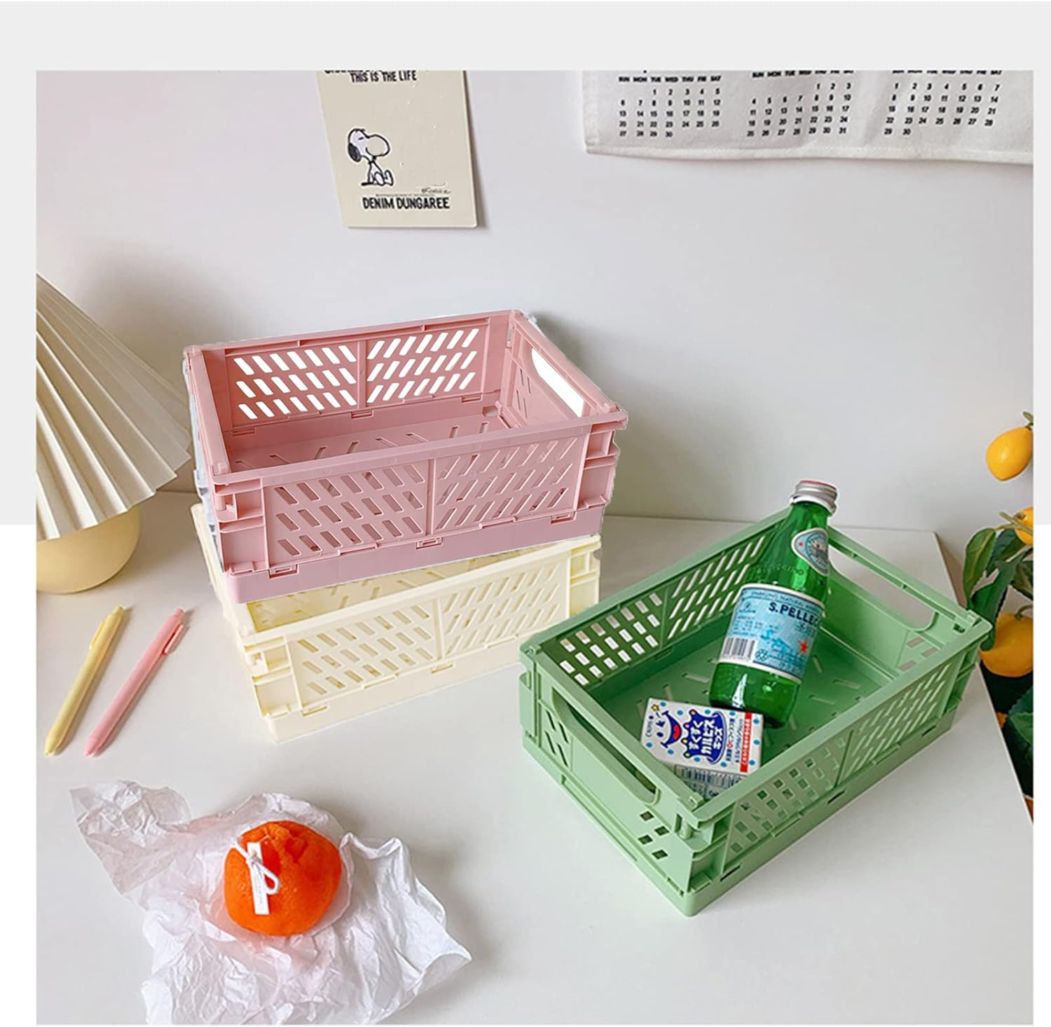 3Pcs Mini Plastic Storage Baskets (5.9X3.9X2.2In) for Shelf Organizing, Collapsible Plastic Basket for Home Kitchen, Classroom, Office, Bedroom, Cabinet Storage image number 5